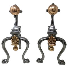 Used Pair of Victorian Steel Copper Fireplace Andirons, Chenets or Fire Dogs