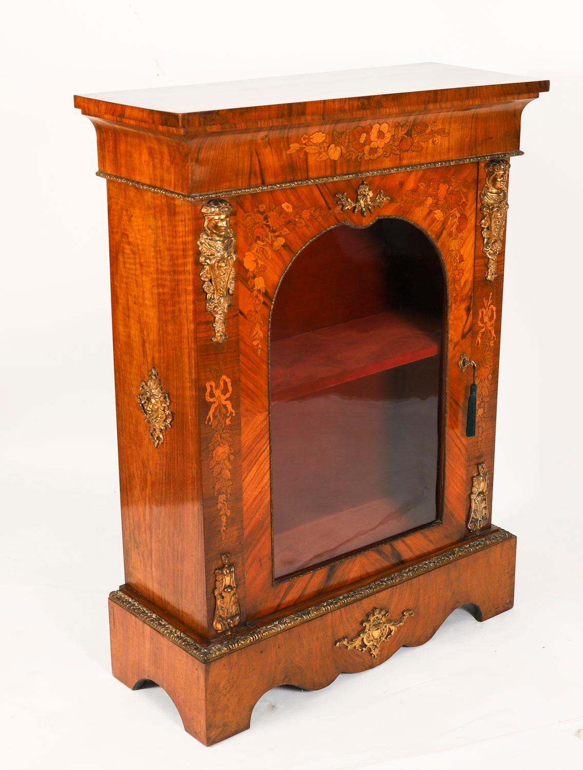 English Antique Pair Victorian Walnut Marquetry Pier Cabinets 19th Century For Sale