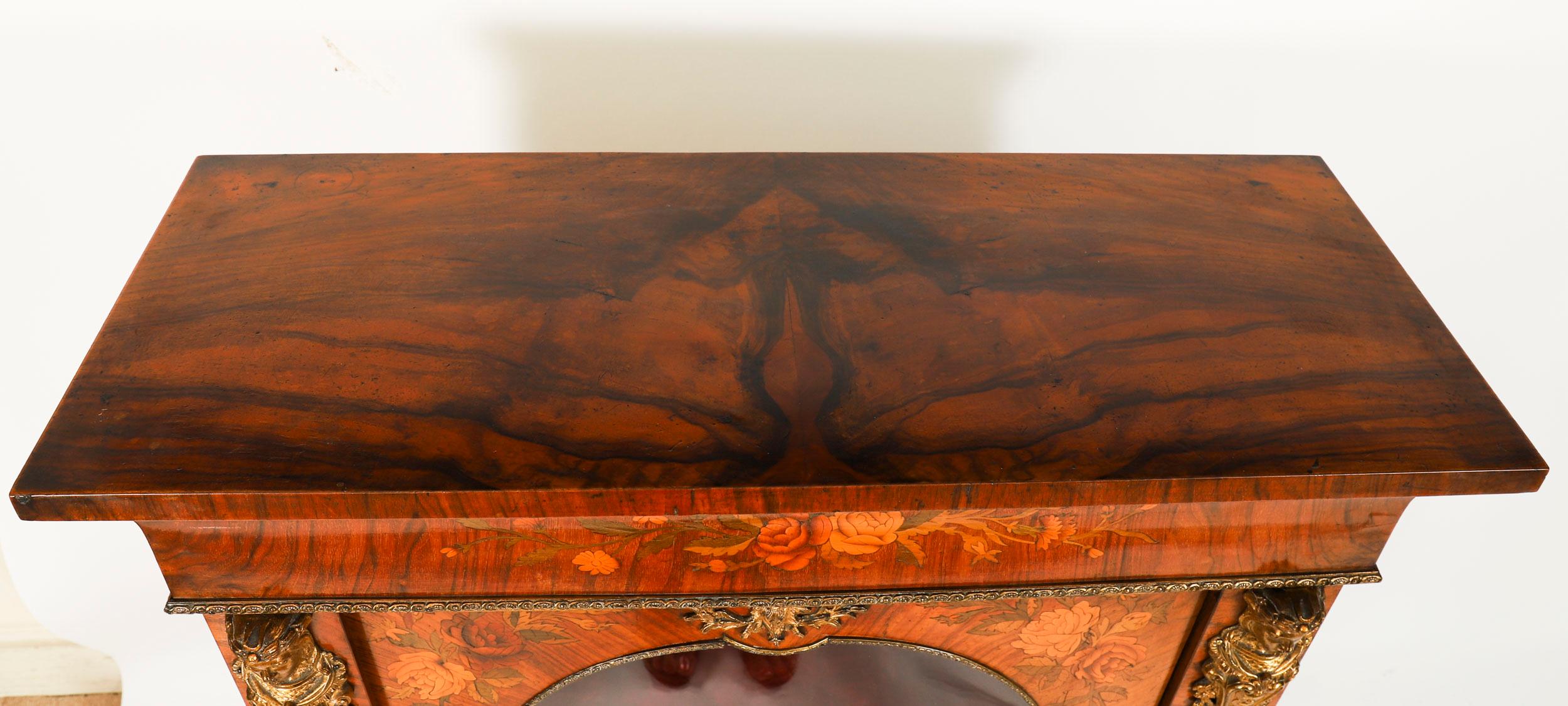 Glazed Antique Pair Victorian Walnut Marquetry Pier Cabinets 19th Century For Sale