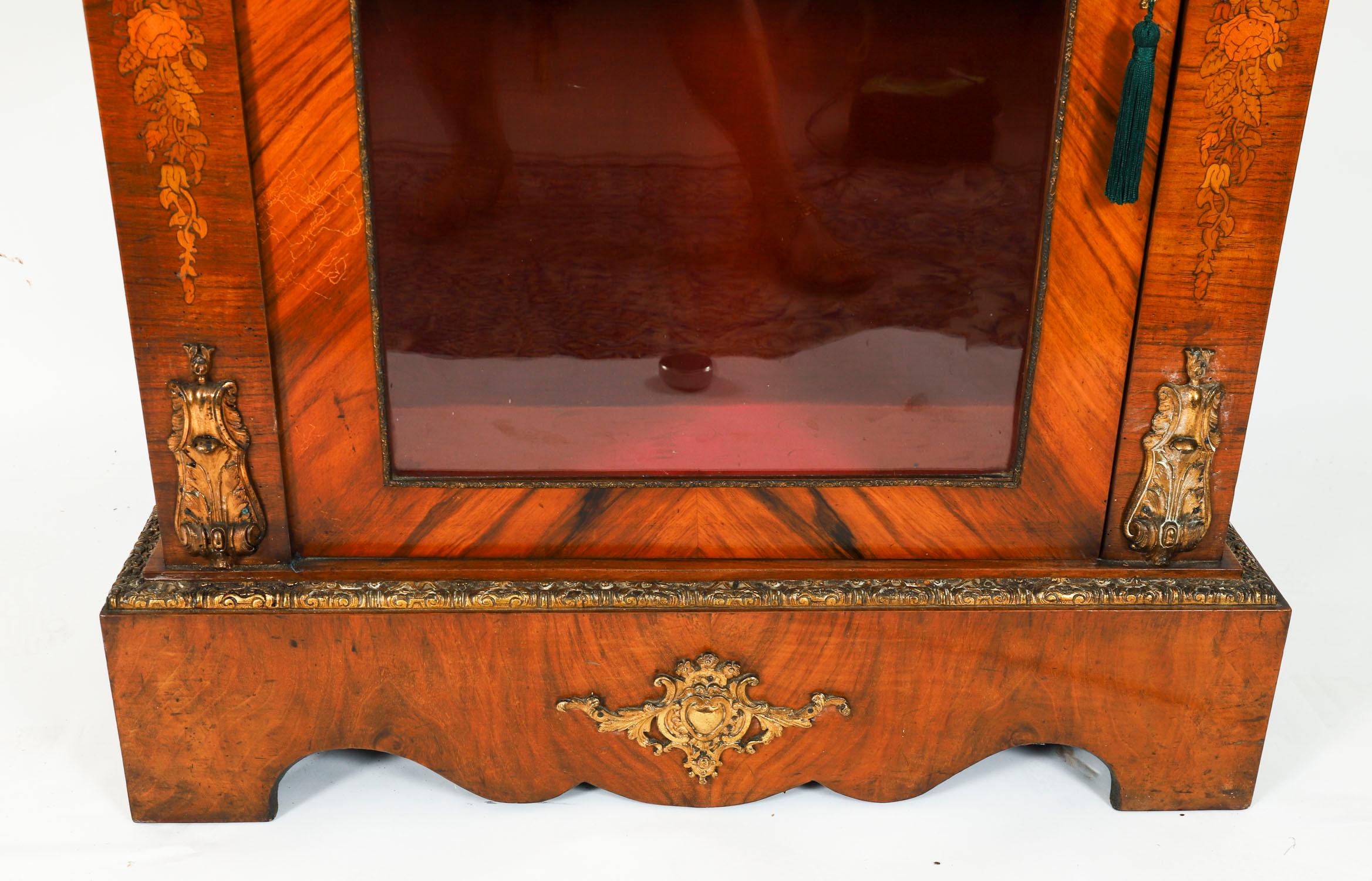Ormolu Antique Pair Victorian Walnut Marquetry Pier Cabinets 19th Century For Sale