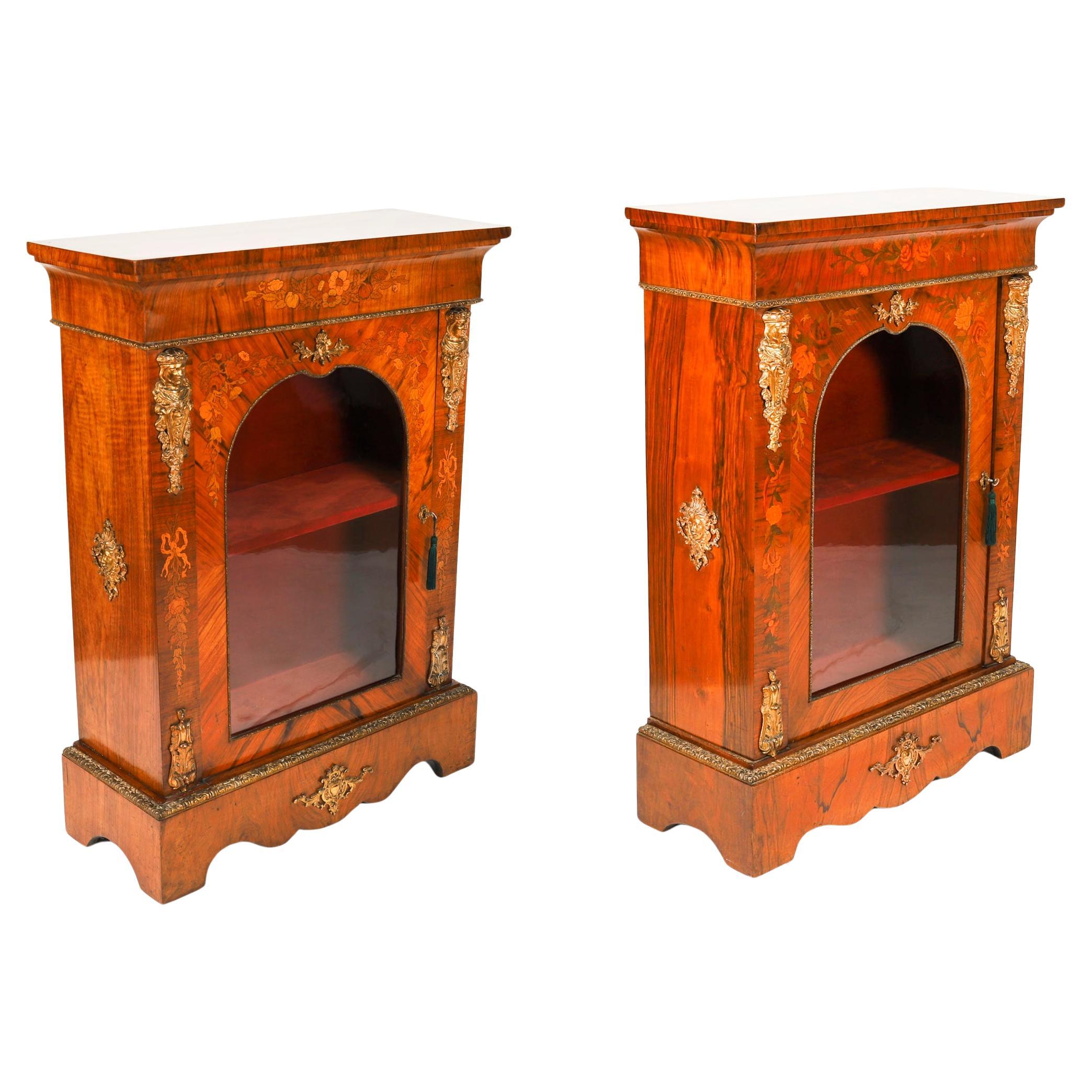 Antique Pair Victorian Walnut Marquetry Pier Cabinets 19th Century For Sale