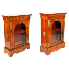 Antique Pair Victorian Walnut Marquetry Pier Cabinets 19th Century
