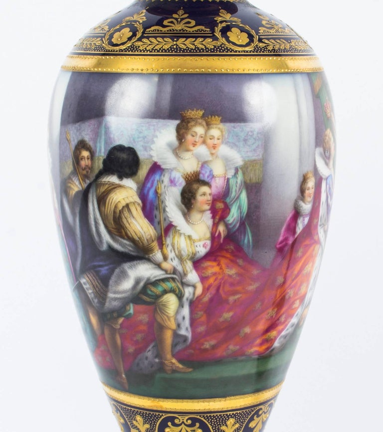 Antique Pair of Vienna Porcelain Pedestal Vases on Stands, 19th Century