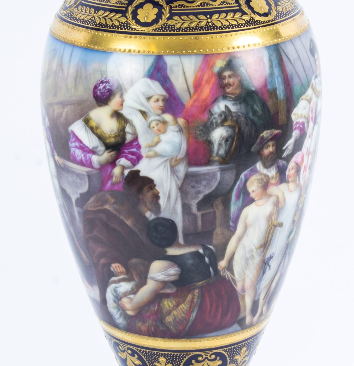 Antique Pair of Vienna Porcelain Pedestal Vases on Stands, 19th Century 2