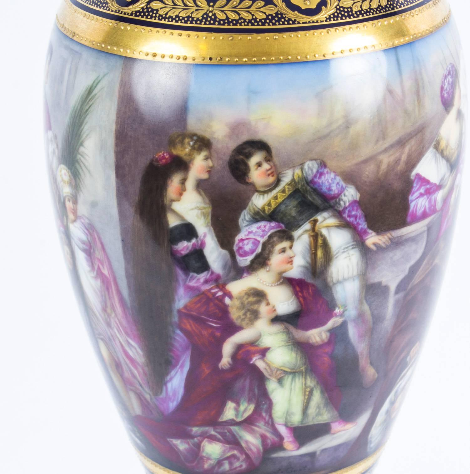 Antique Pair of Vienna Porcelain Pedestal Vases on Stands, 19th Century 3