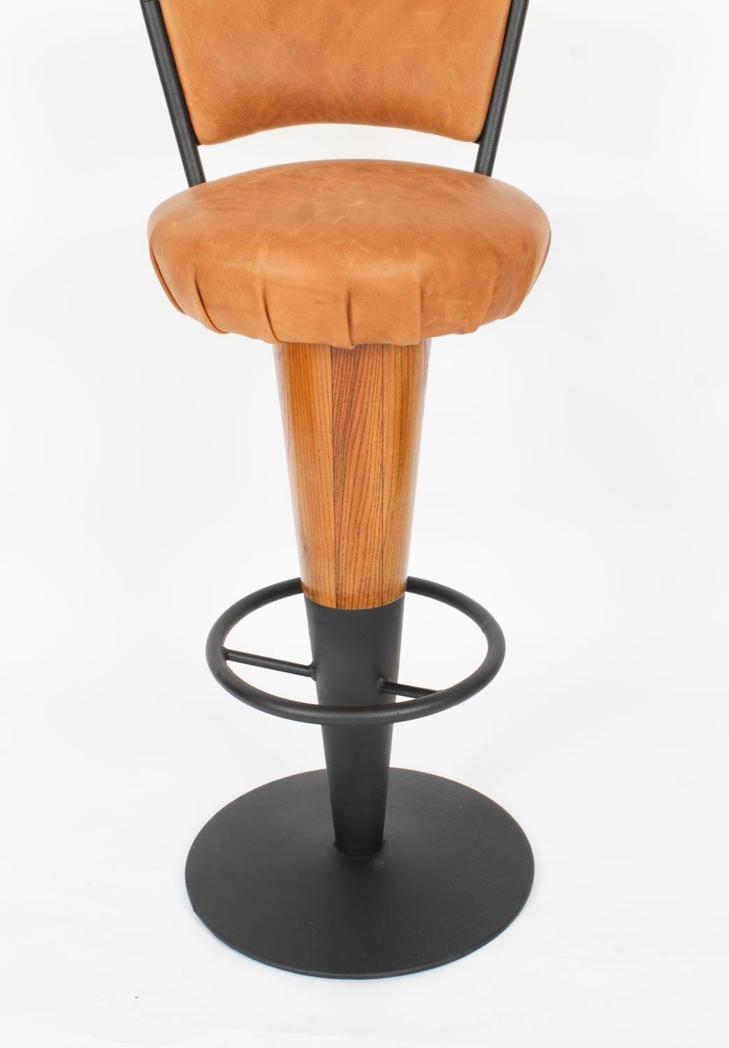Antique Pair Walnut and Tan Leather Art Deco Bar Stools 20th Century For Sale 8