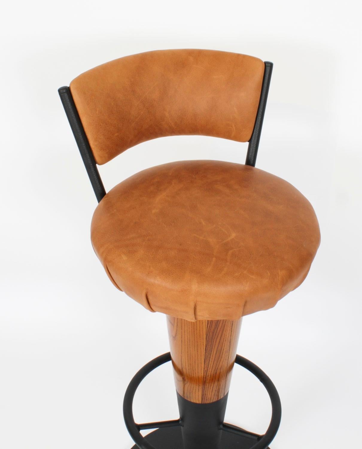 Antique Pair Walnut and Tan Leather Art Deco Bar Stools 20th Century For Sale 9