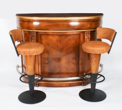 Antique Pair Walnut and Tan Leather Art Deco Bar Stools 20th Century