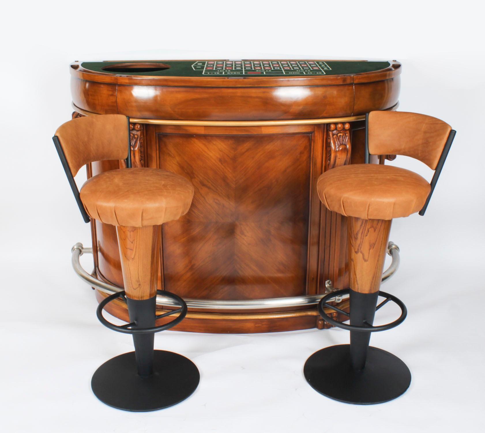 Antique Pair Walnut and Tan Leather Art Deco Bar Stools 20th Century In Good Condition For Sale In London, GB