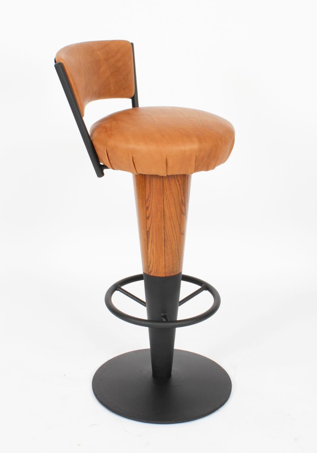 Antique Pair Walnut and Tan Leather Art Deco Bar Stools 20th Century For Sale 1