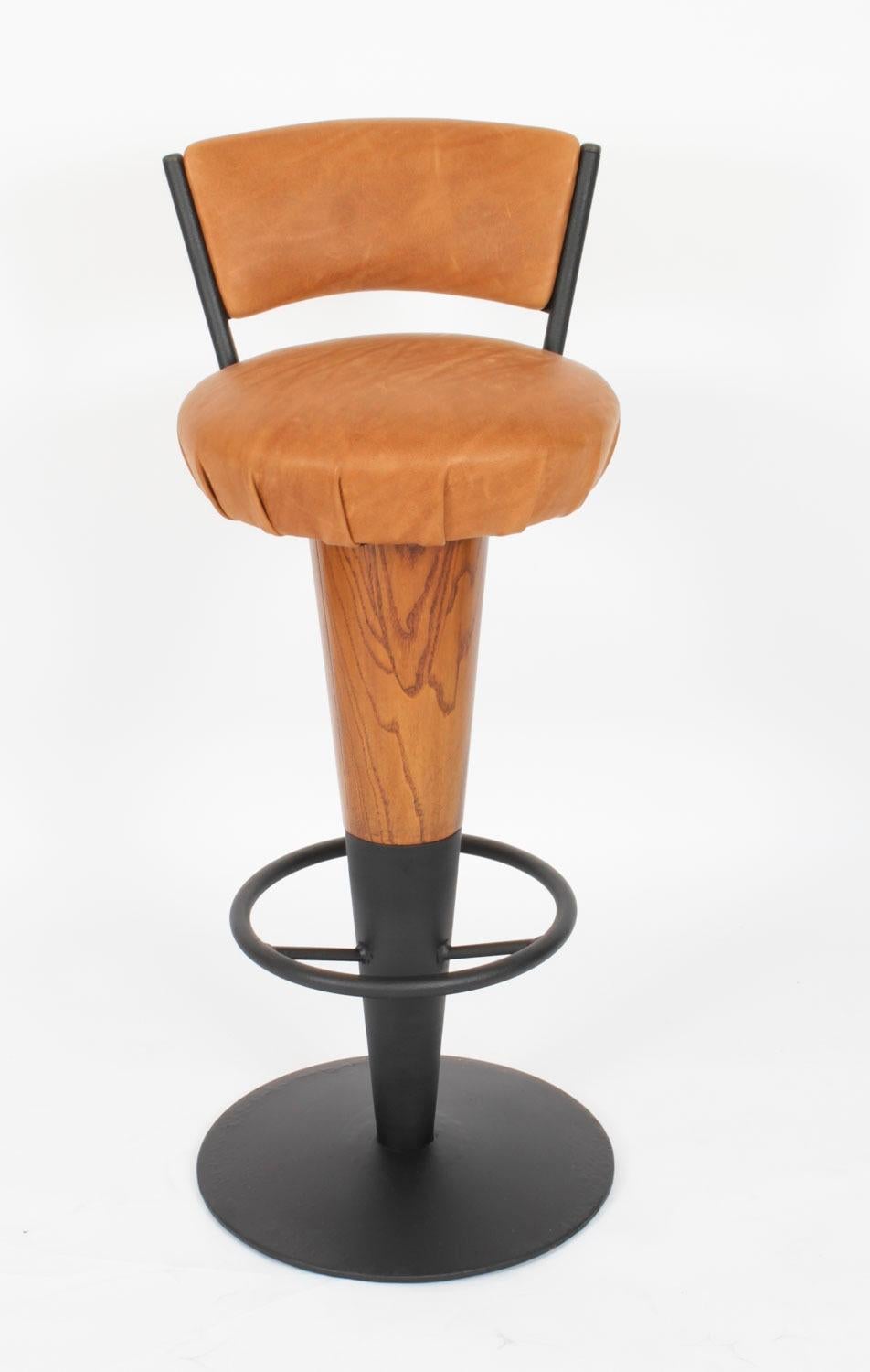 Antique Pair Walnut and Tan Leather Art Deco Bar Stools 20th Century For Sale 2