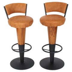 Antique Pair Walnut and Tan Leather Art Deco Bar Stools 20th Century