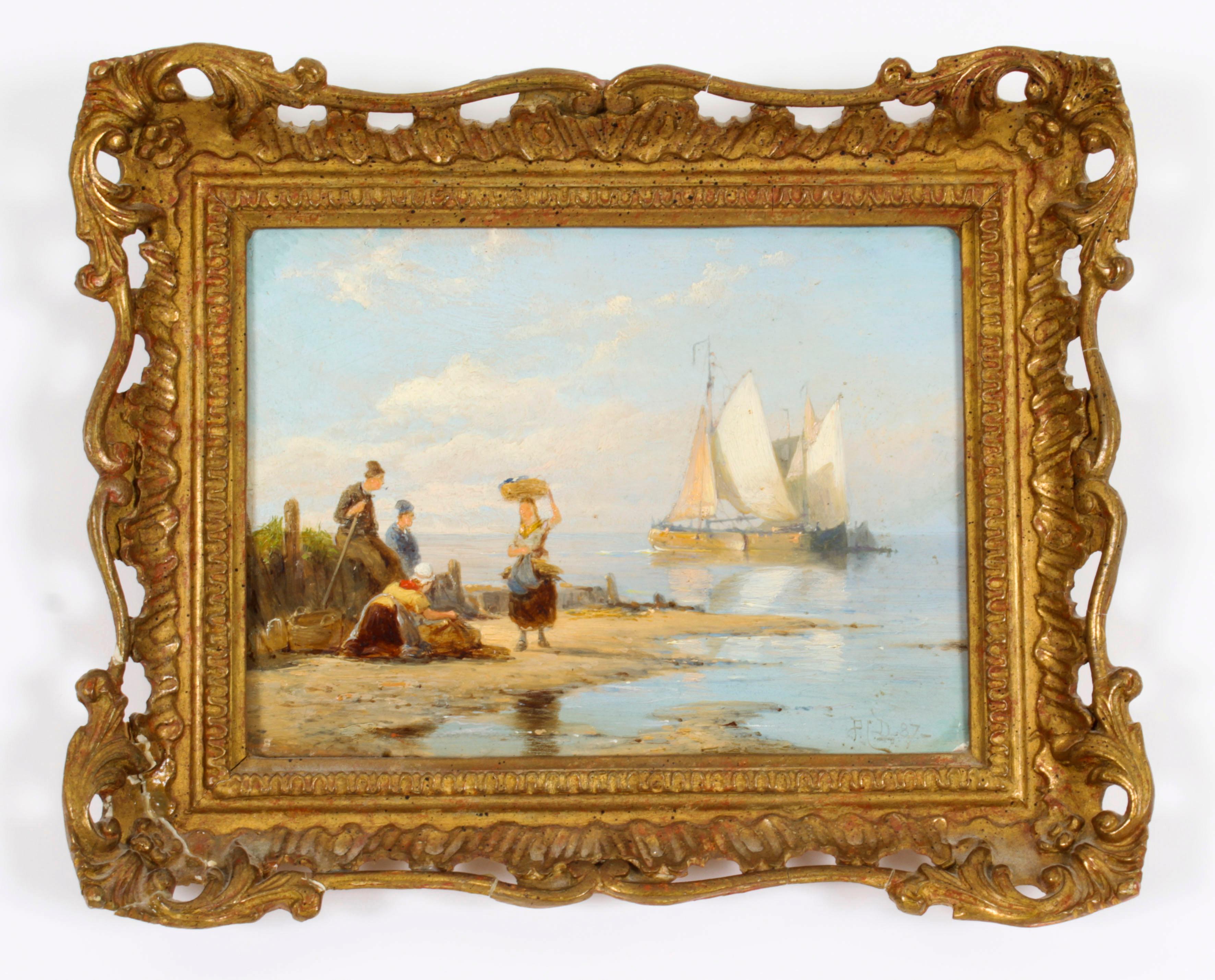 This is a beautiful Dutch pair of antique oil on panel paintings of marine scenes, signed and dated 1887, Peter Cornelius Dommersen (1834-1908) with wax seals verso.
  
One paintings depdict a rowing and sailing boats at sea, the other country folk
