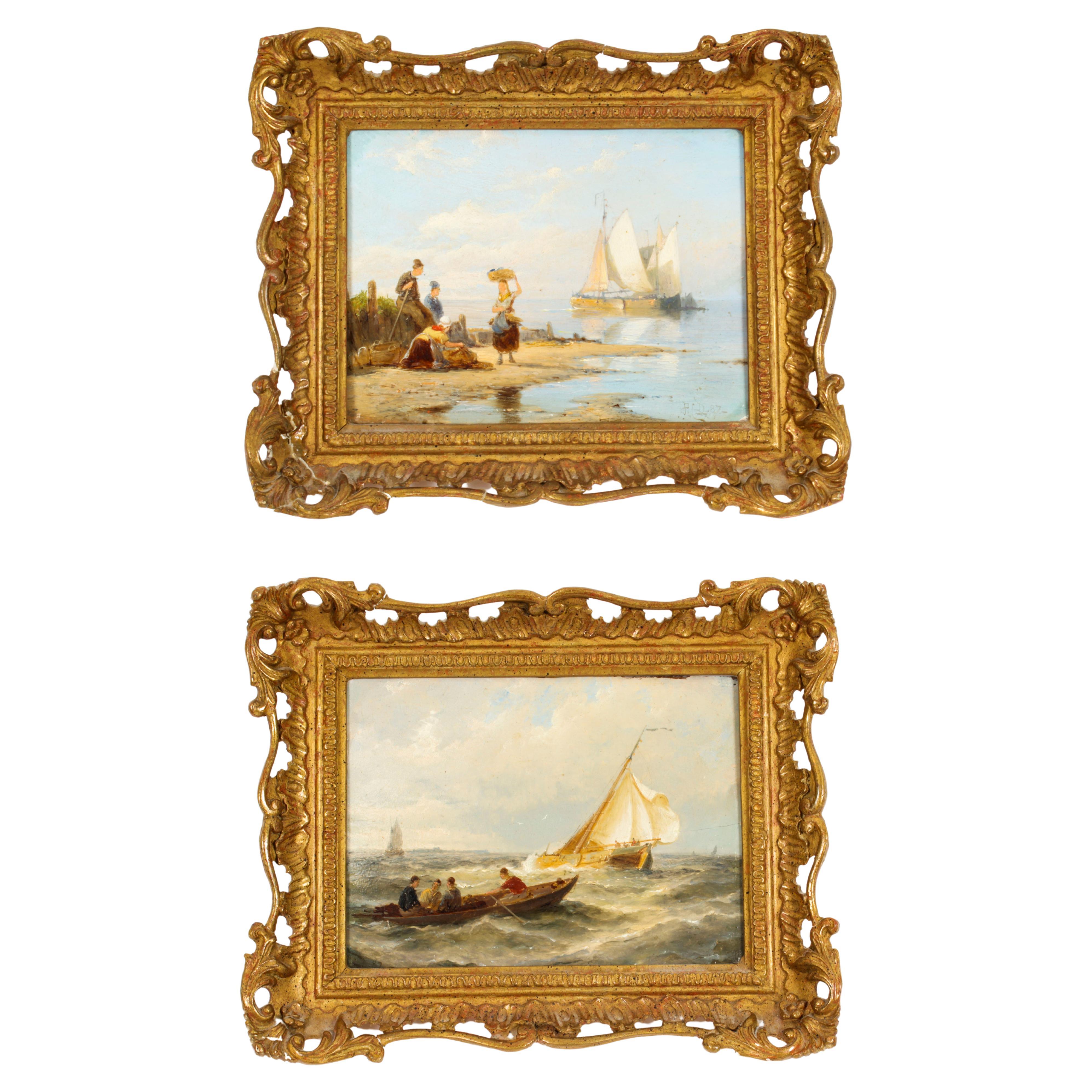 Paire de peintures à l'huile anciennes de paysages aquatiques par Peter Dommersen, 1887, 19ème siècle