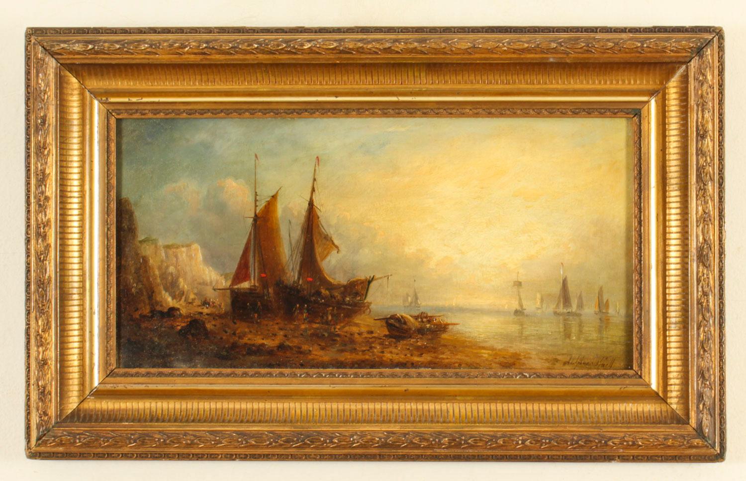 This is a beautiful Dutch pair of antique oil on canvas paintings of marine scenes, by William Adolphus Knell (1805-1875), signed right hand lower corners.

Both paintings depict  rowing and sailing boats at sea, with country folk on the beach