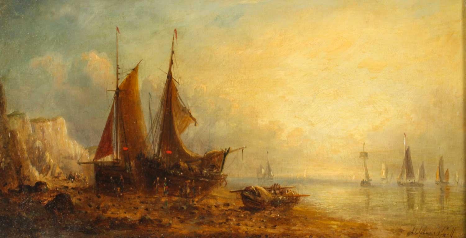 English Antique Pair Waterscape Oil Paintings by William Adolphus Knell 19th C