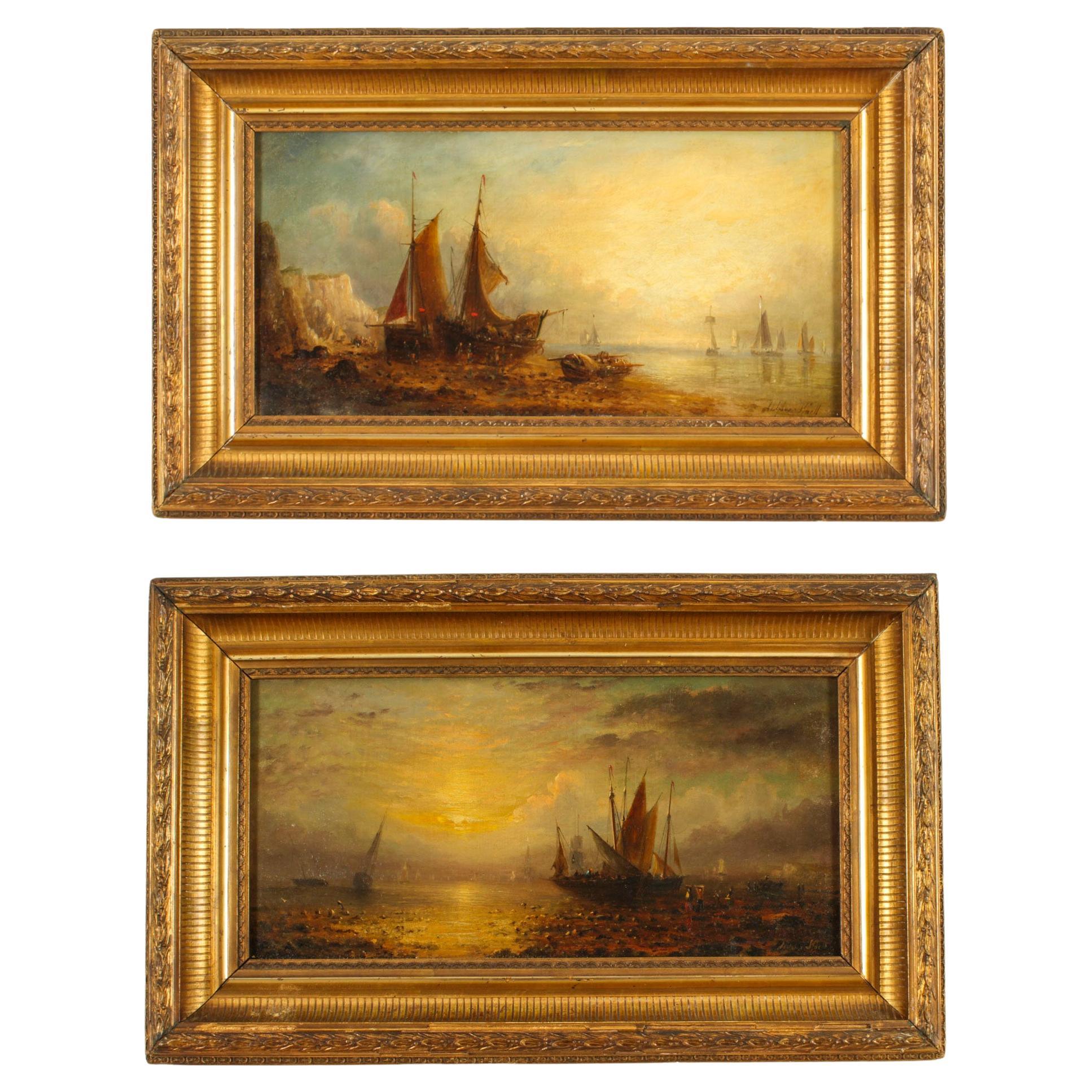 Antique Pair Waterscape Oil Paintings by William Adolphus Knell 19th C