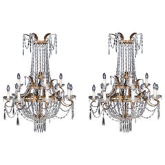 Antique Pair William IV 12 Light Waterfall Tent Crystal Chandeliers 19th Century