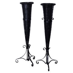 Antique Pair Wrought Iron & Wire Cone Form Urns circa 1910