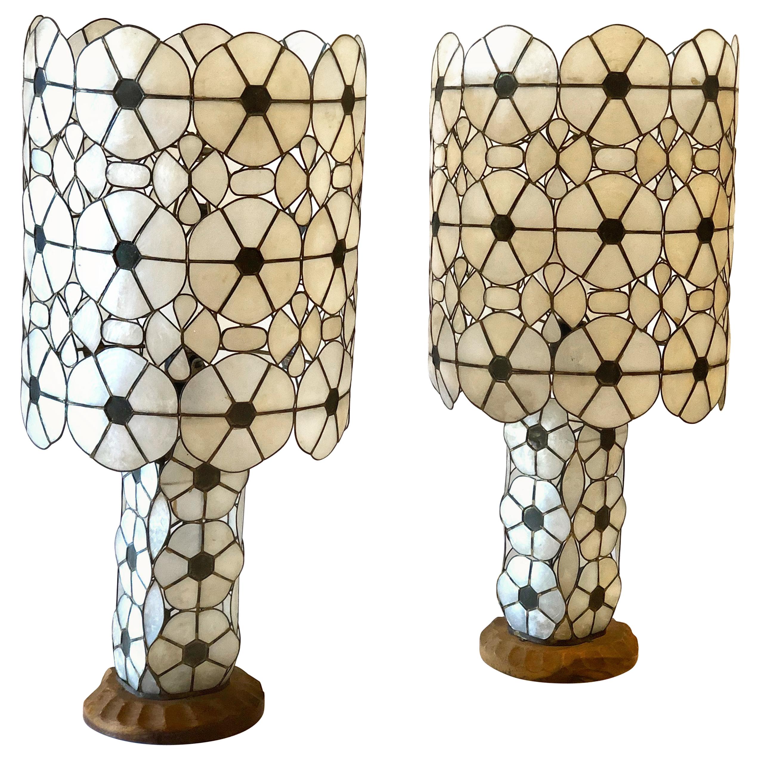 Antique Paire of Capiz Shell Table Lamps