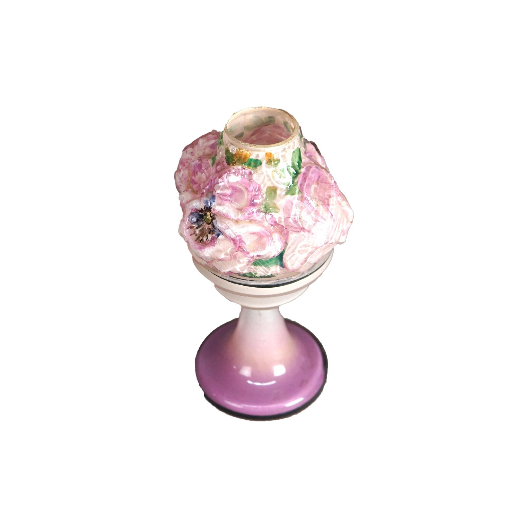 Antique Pairpoint Art Glass Puffy Candle Lamp with Peonies Circa 1910 5
