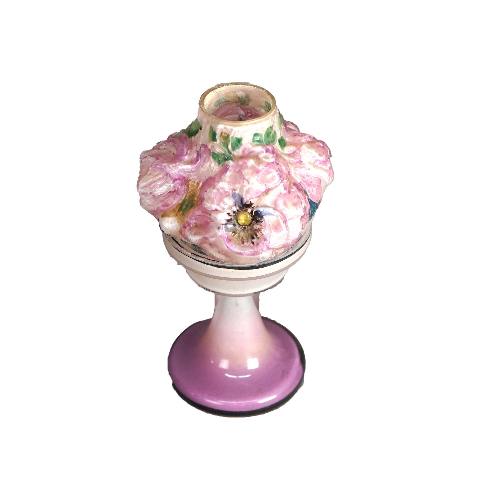 American Antique Pairpoint Art Glass Puffy Candle Lamp with Peonies Circa 1910