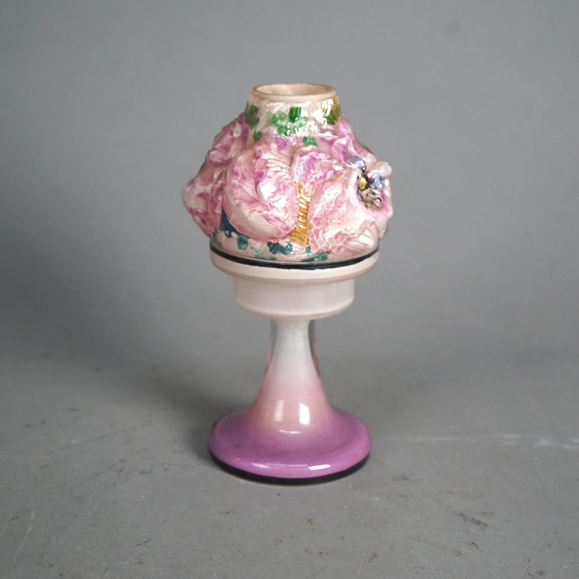 Antique Pairpoint Art Glass Puffy Candle Lamp with Peonies Circa 1910 In Good Condition In Big Flats, NY