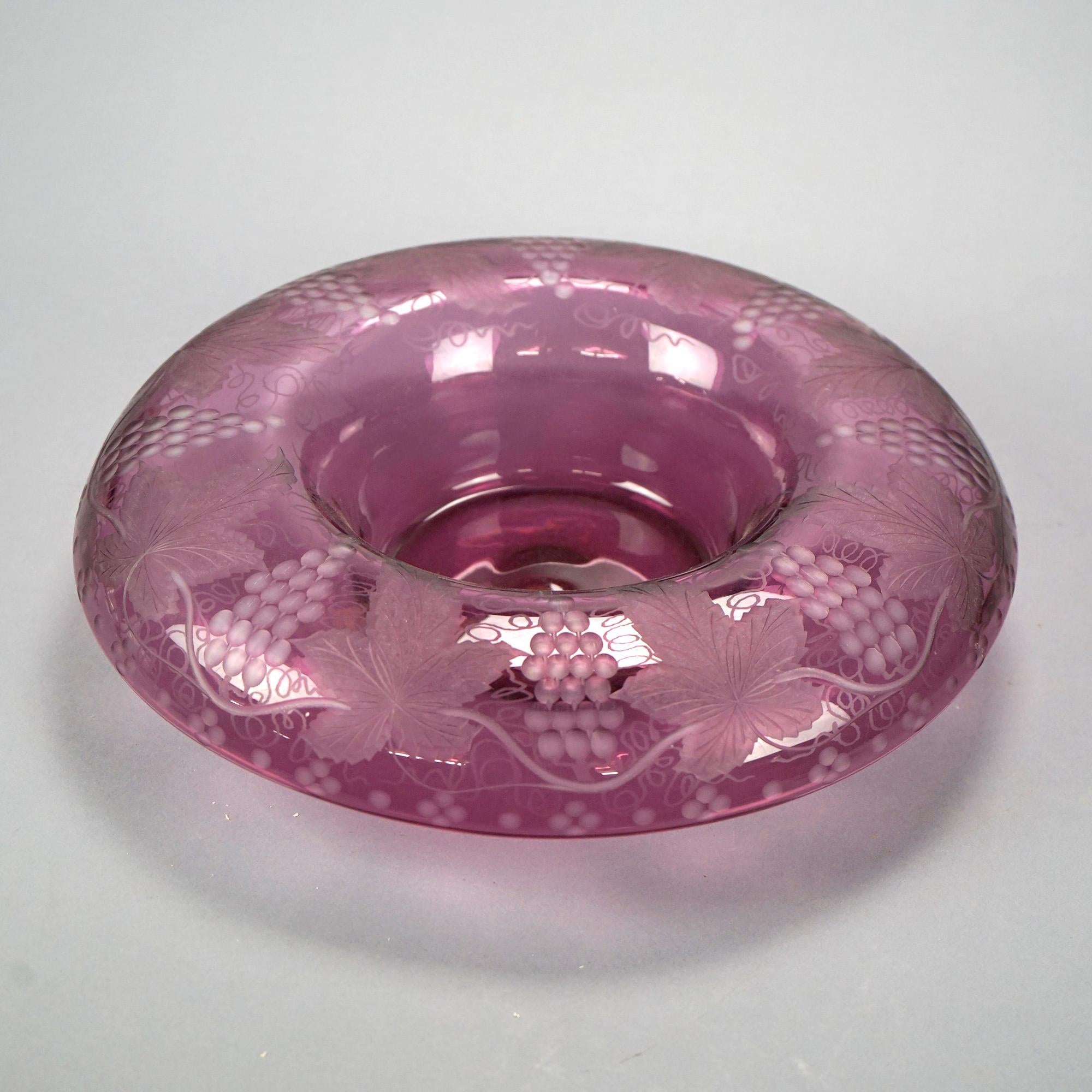 Antique Pairpoint Elegant Art Glass Grape & Leaf Center Bowl & Liner, Circa 1920 5