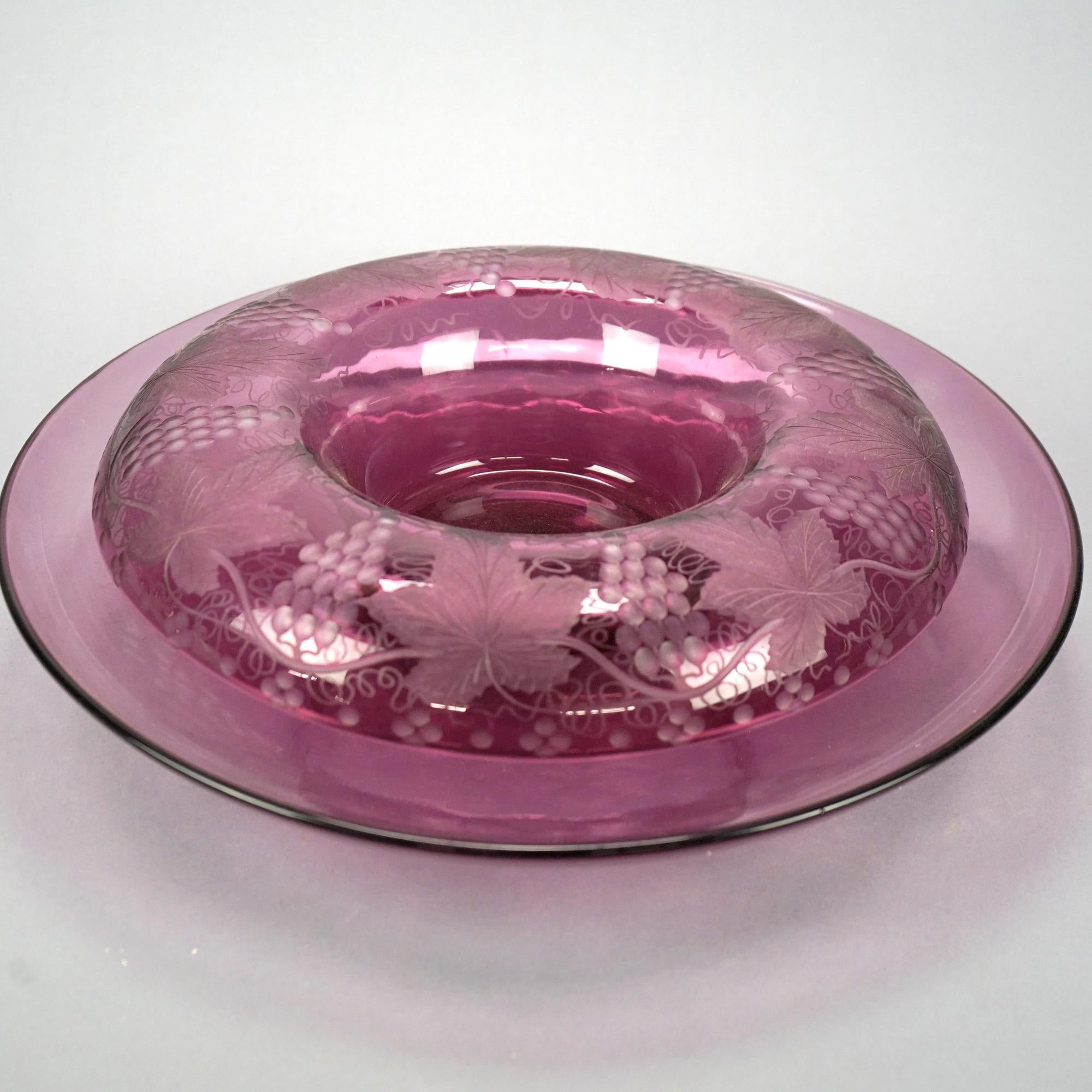 Etched Antique Pairpoint Elegant Art Glass Grape & Leaf Center Bowl & Liner, Circa 1920