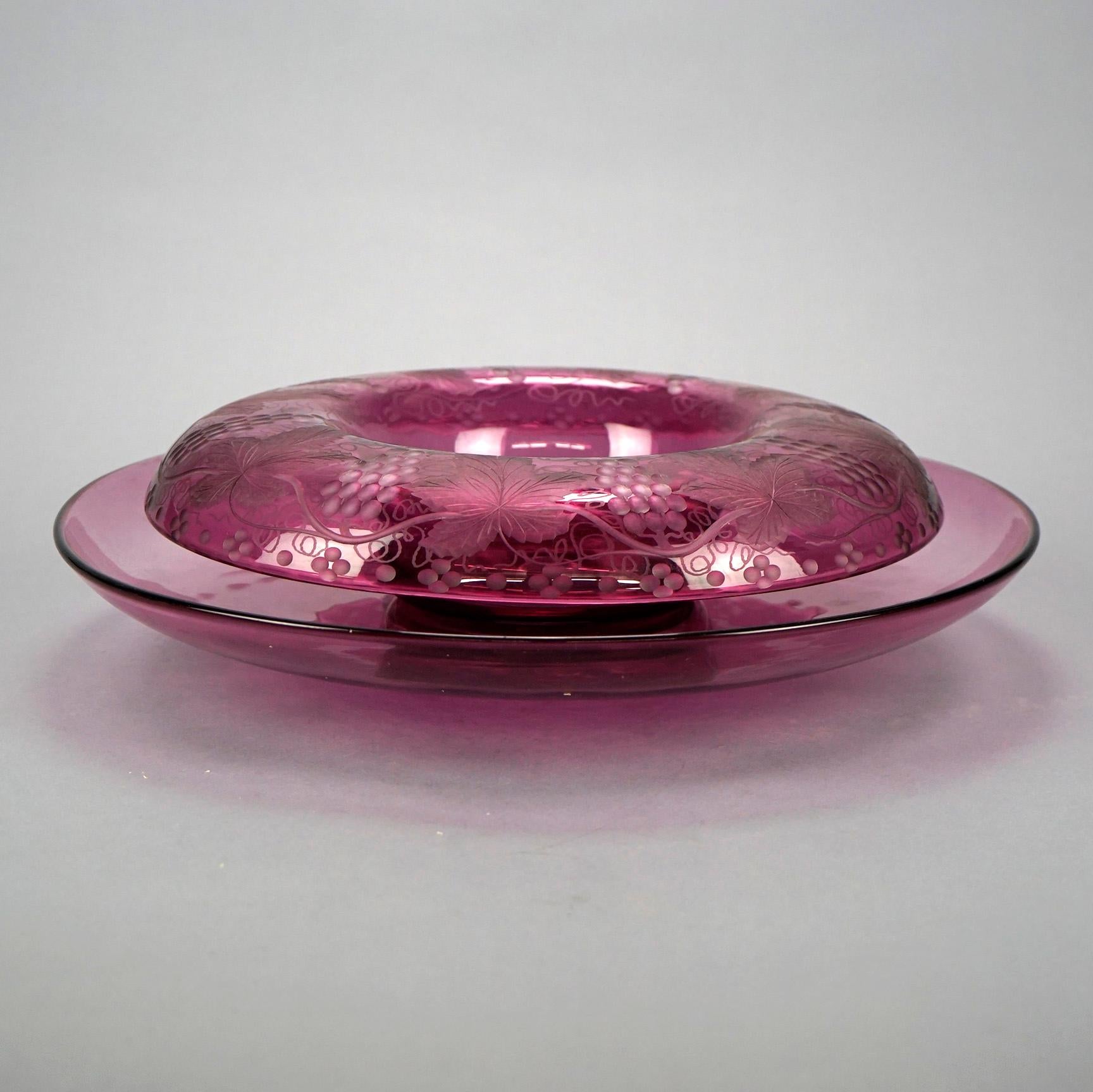 Antique Pairpoint Elegant Art Glass Grape & Leaf Center Bowl & Liner, Circa 1920 1