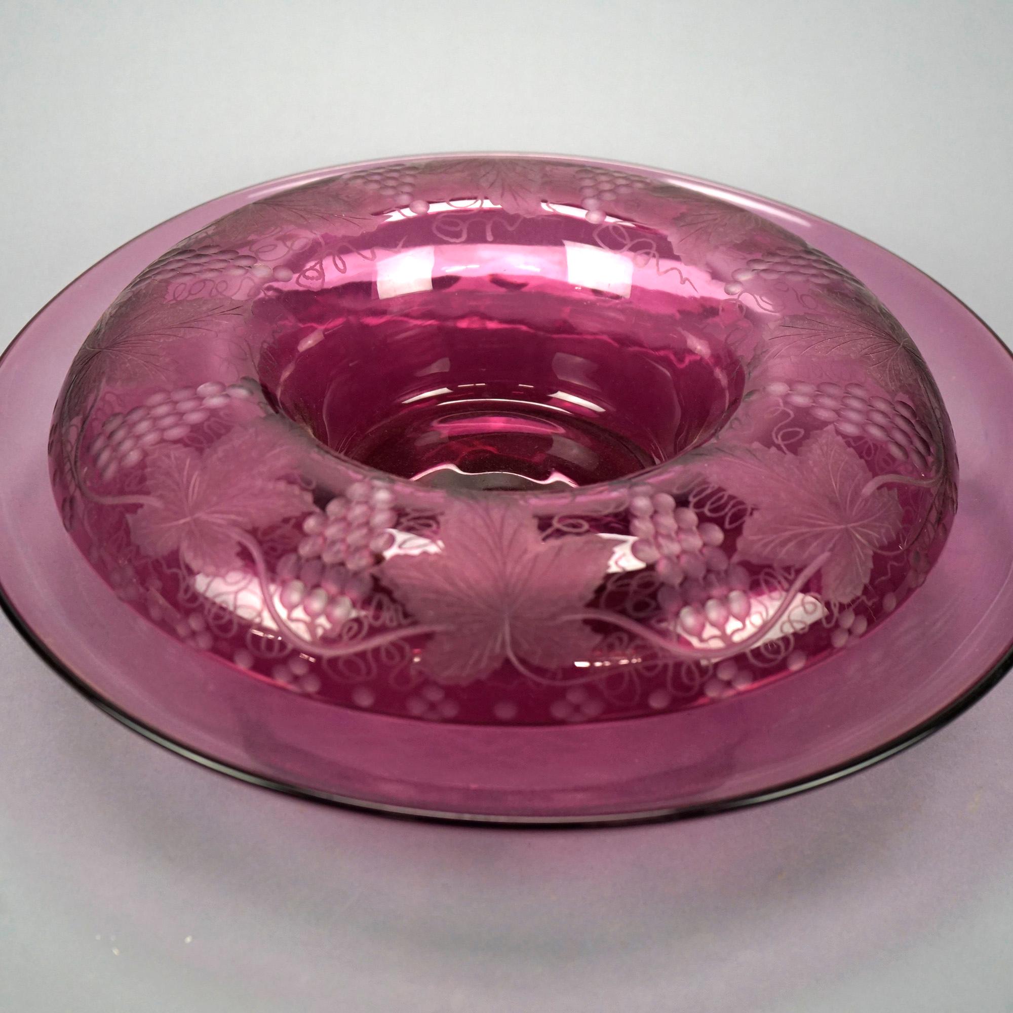 Antique Pairpoint Elegant Art Glass Grape & Leaf Center Bowl & Liner, Circa 1920 2