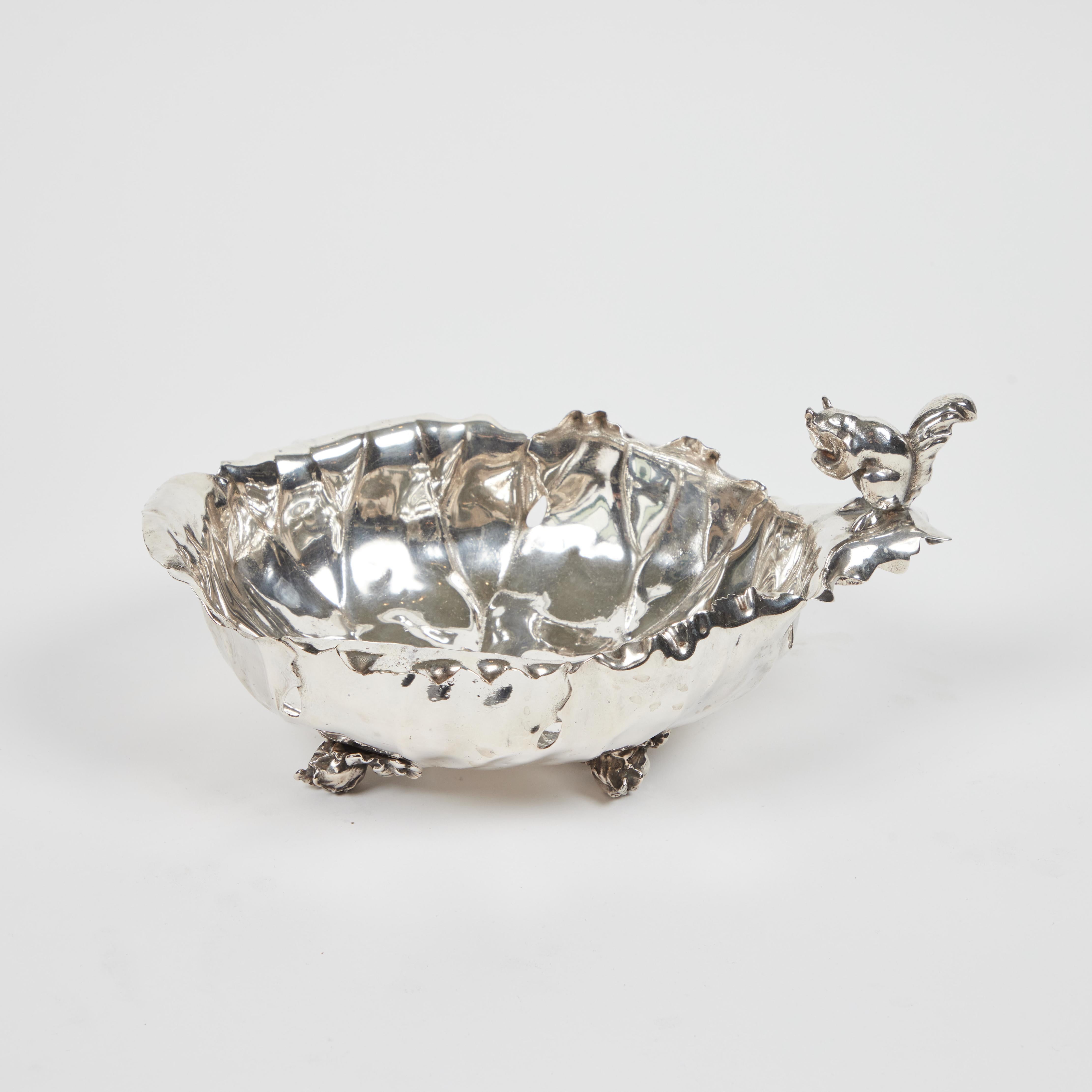 Late 19th Century Antique Pairpoint Silver Plate Large Leaf Bowl w/ Squirrel Accent For Sale