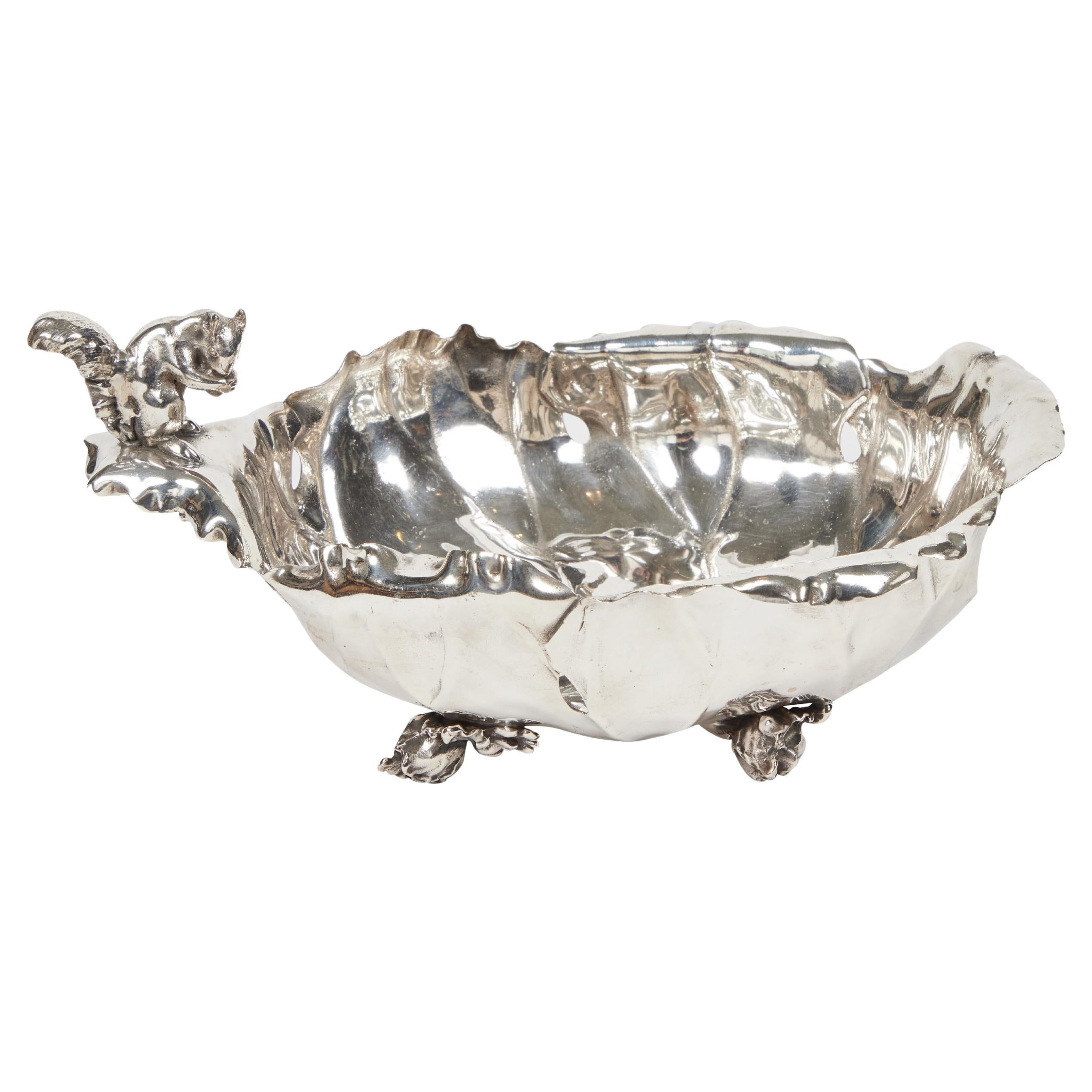 Antique Pairpoint Silver Plate Large Leaf Bowl w/ Squirrel Accent For Sale