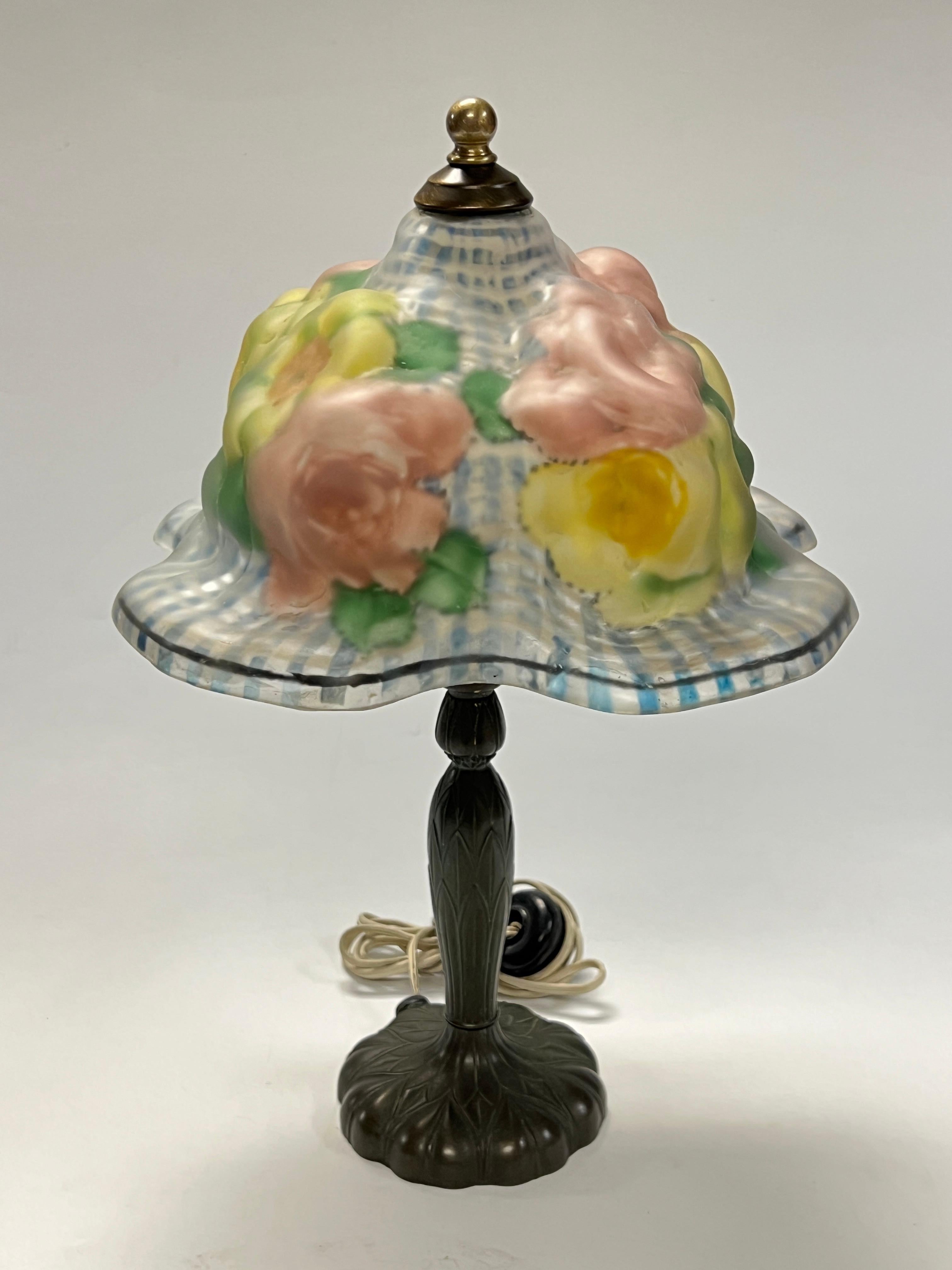 Arts and Crafts Antique Pairpoint Table Lamp with Reverse Floral Painted Glass Shade