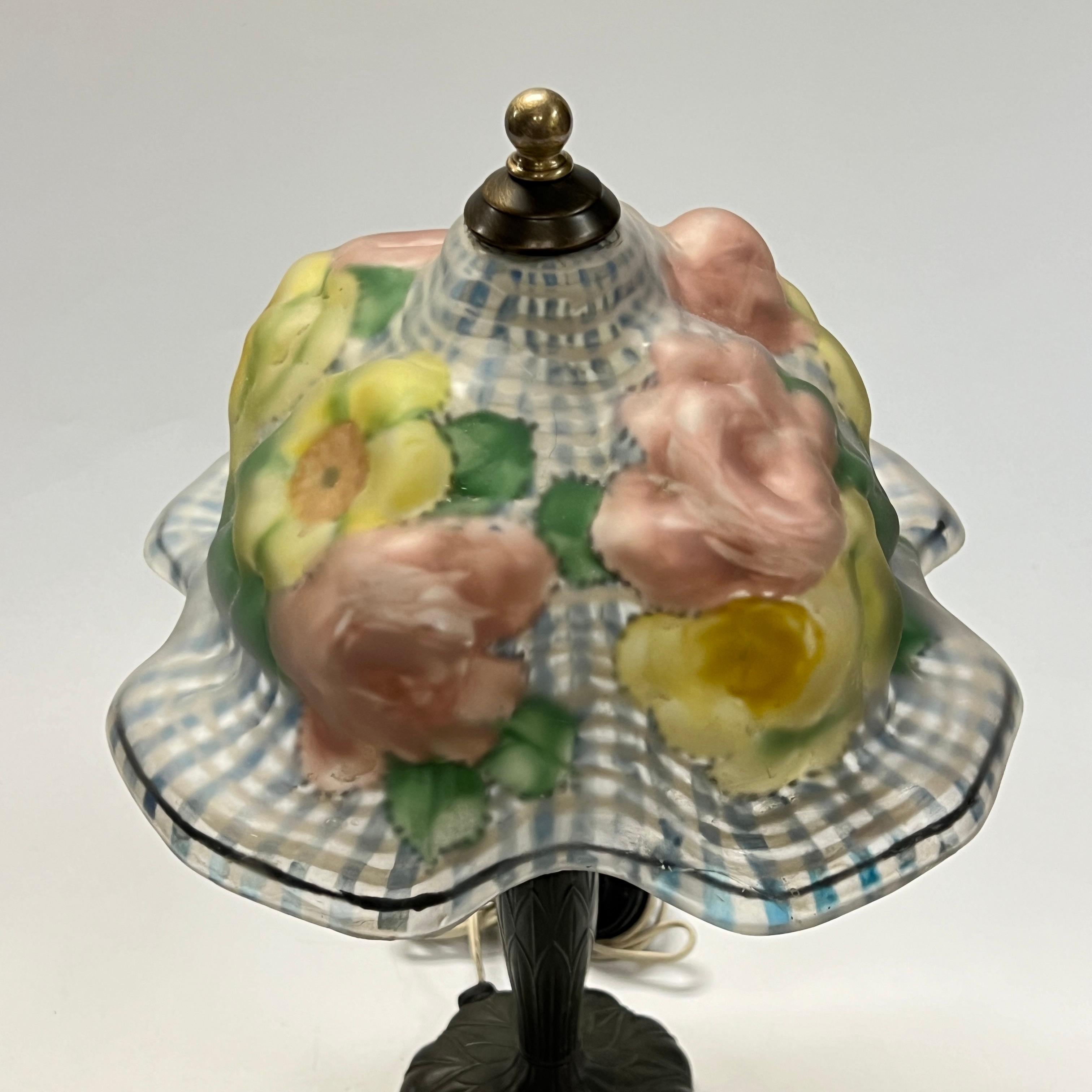 American Antique Pairpoint Table Lamp with Reverse Floral Painted Glass Shade
