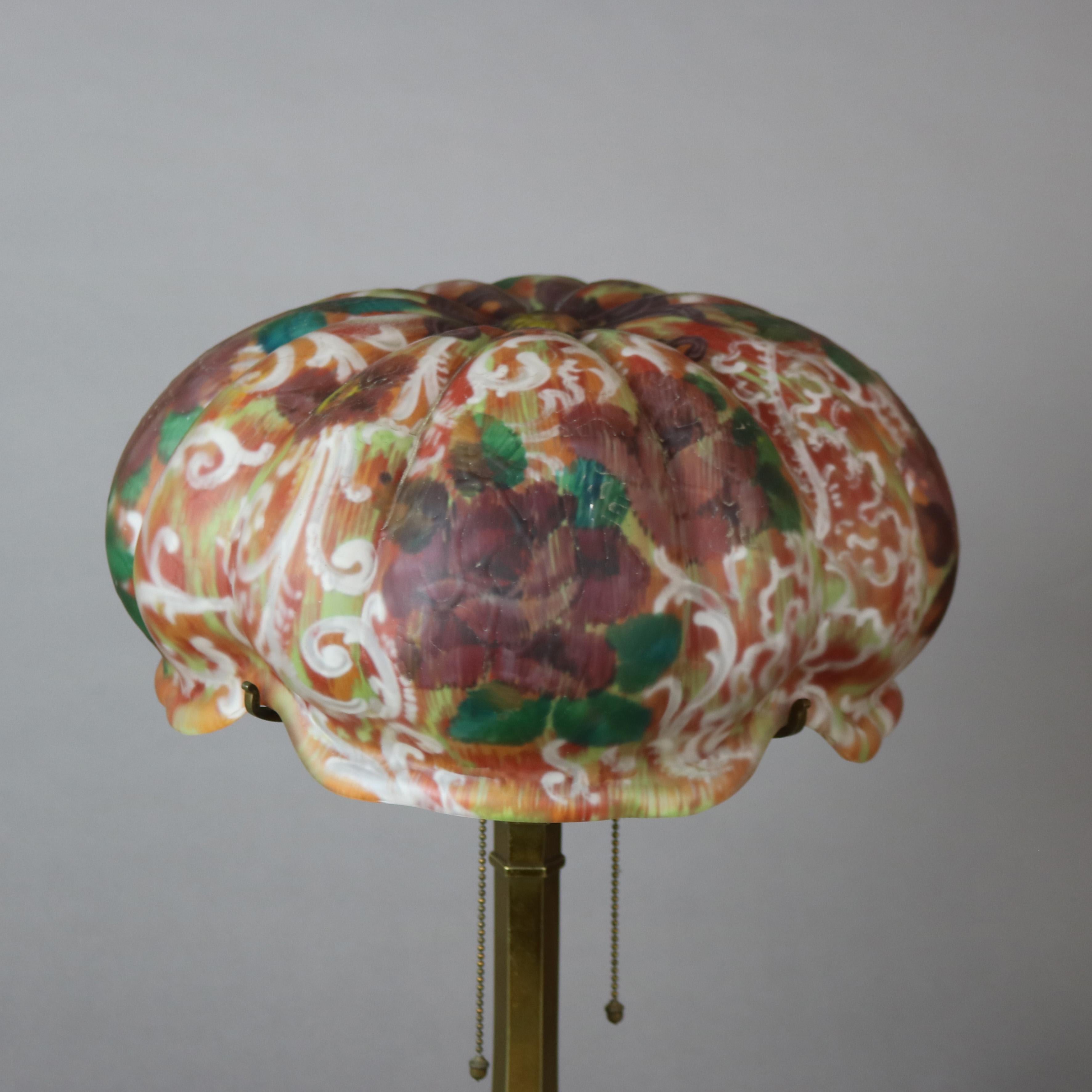 Metal Antique Pairpoint “Venice” Reverse Painted Table Lamp with Roses C1920