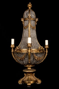 Antique Palatial Gilt Bronze & Cut Crystal Multi Light Figural Chandelier Lamp