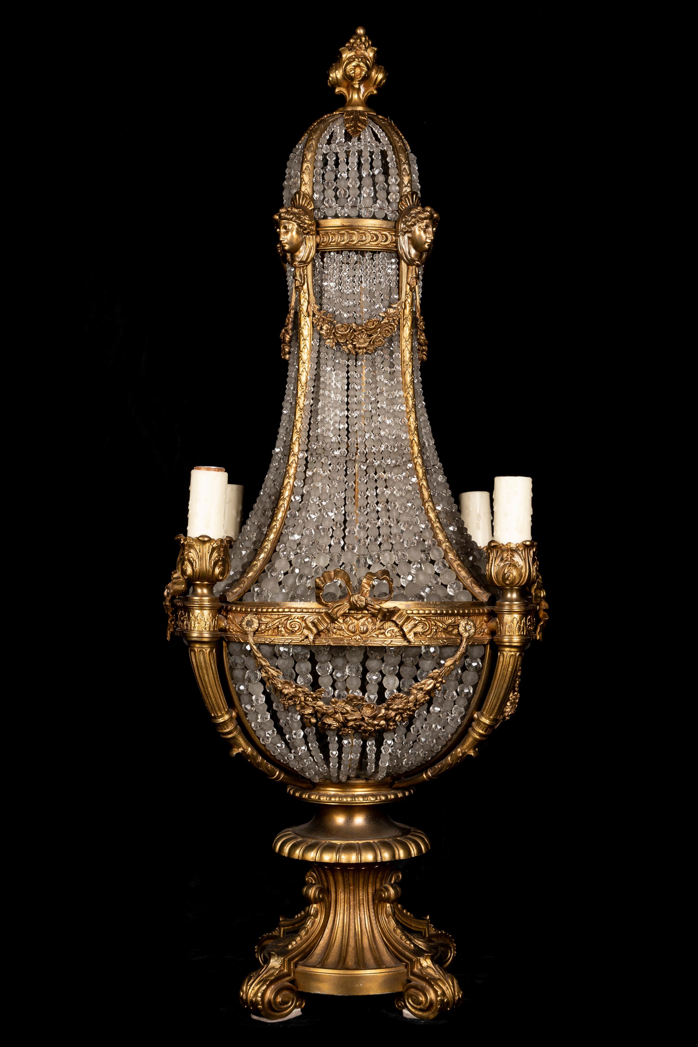Louis XVI Antique Palatial Gilt Bronze & Cut Crystal Multi Light Figural Chandelier Lamp For Sale