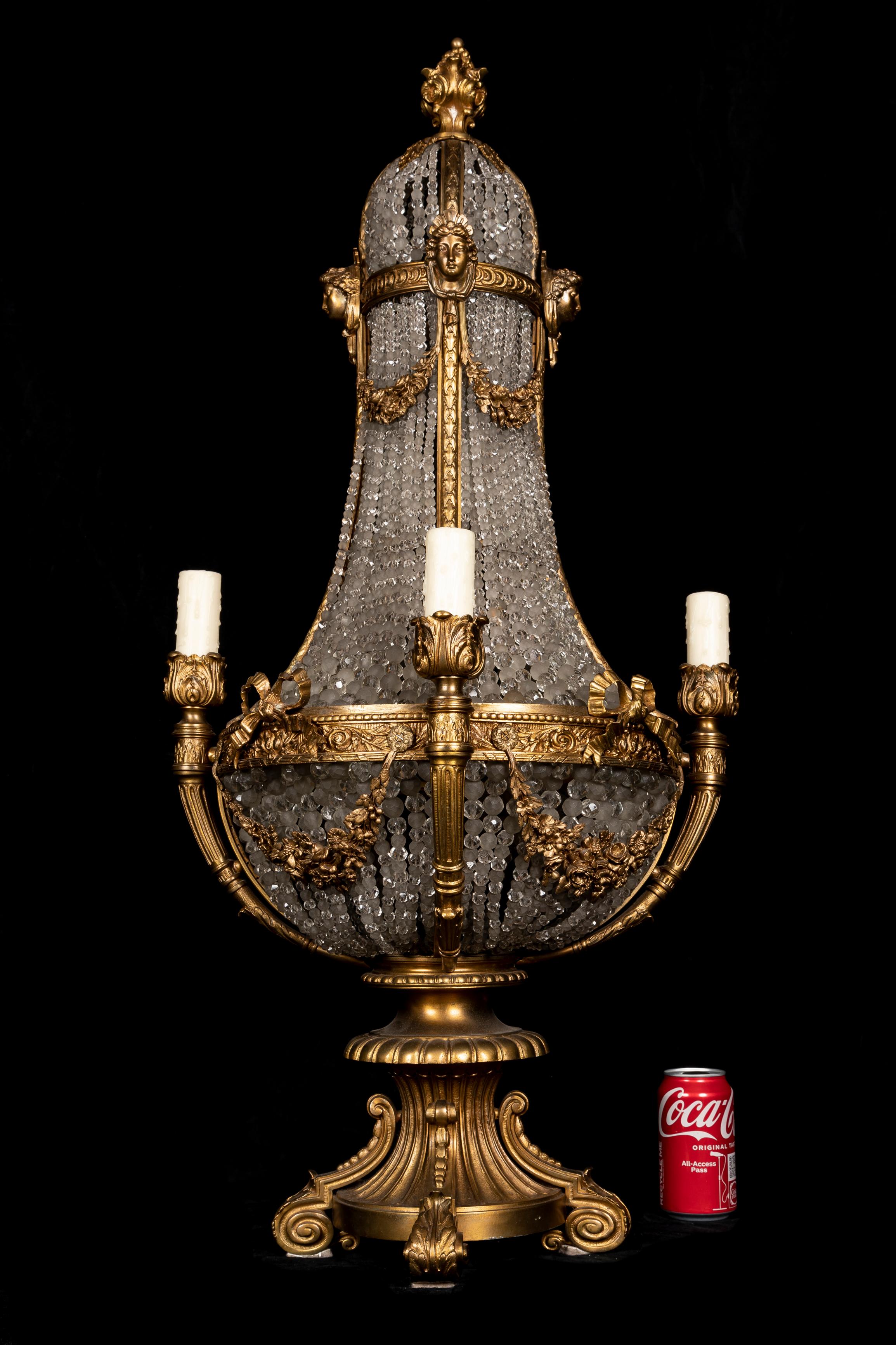 French Antique Palatial Gilt Bronze & Cut Crystal Multi Light Figural Chandelier Lamp For Sale