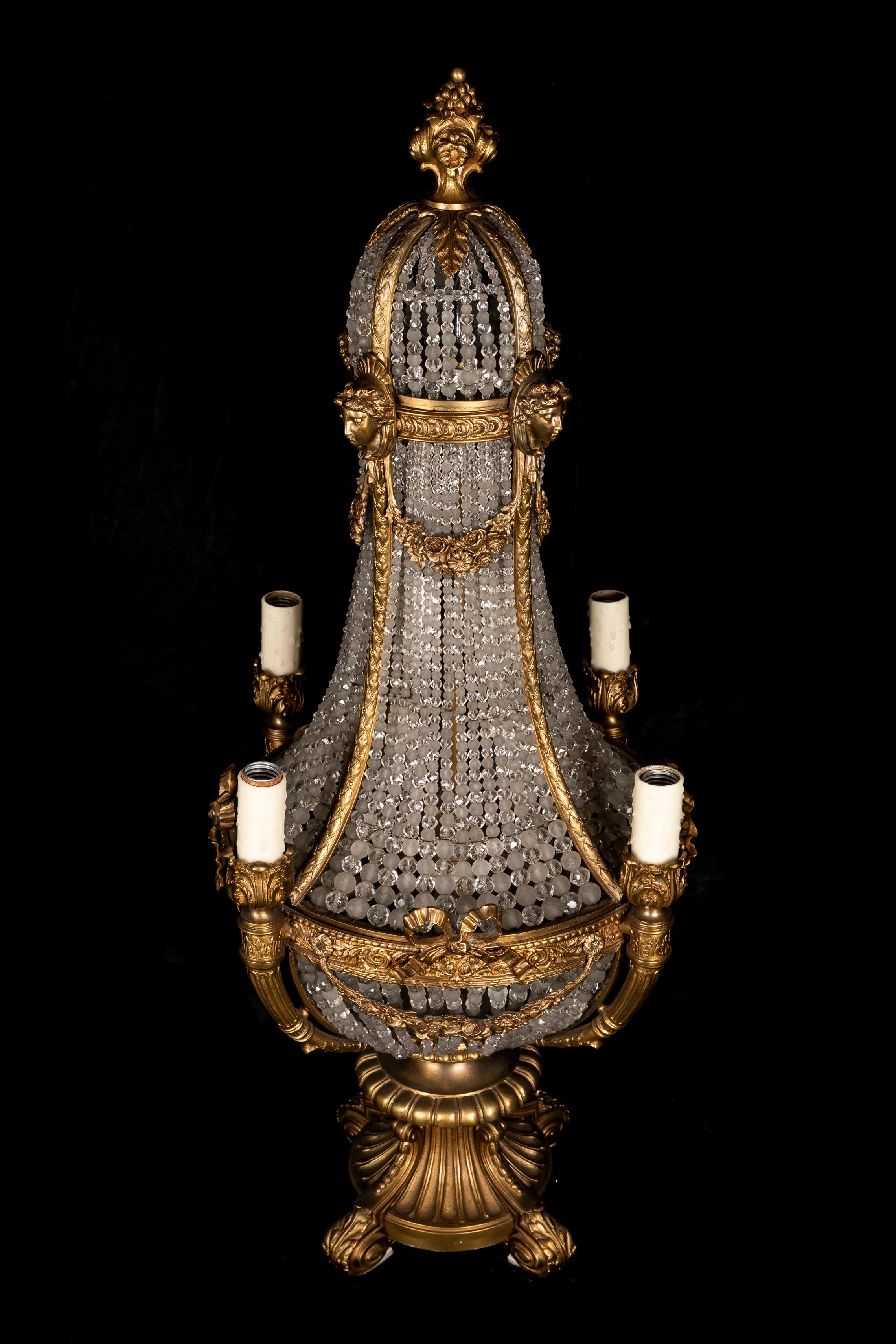 Antique Palatial Gilt Bronze & Cut Crystal Multi Light Figural Chandelier Lamp In Good Condition For Sale In New York, NY