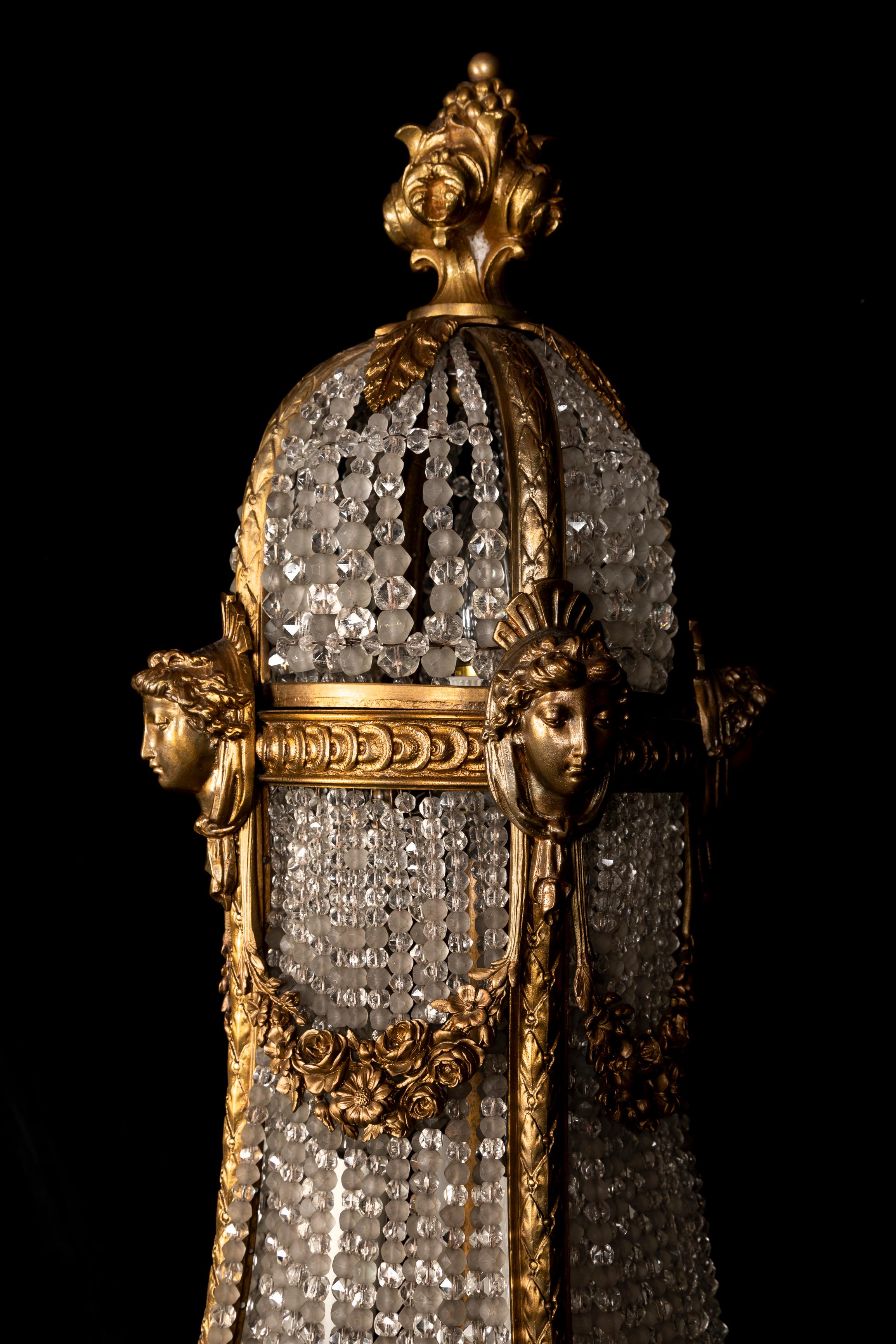 Antique Palatial Gilt Bronze & Cut Crystal Multi Light Figural Chandelier Lamp For Sale 2