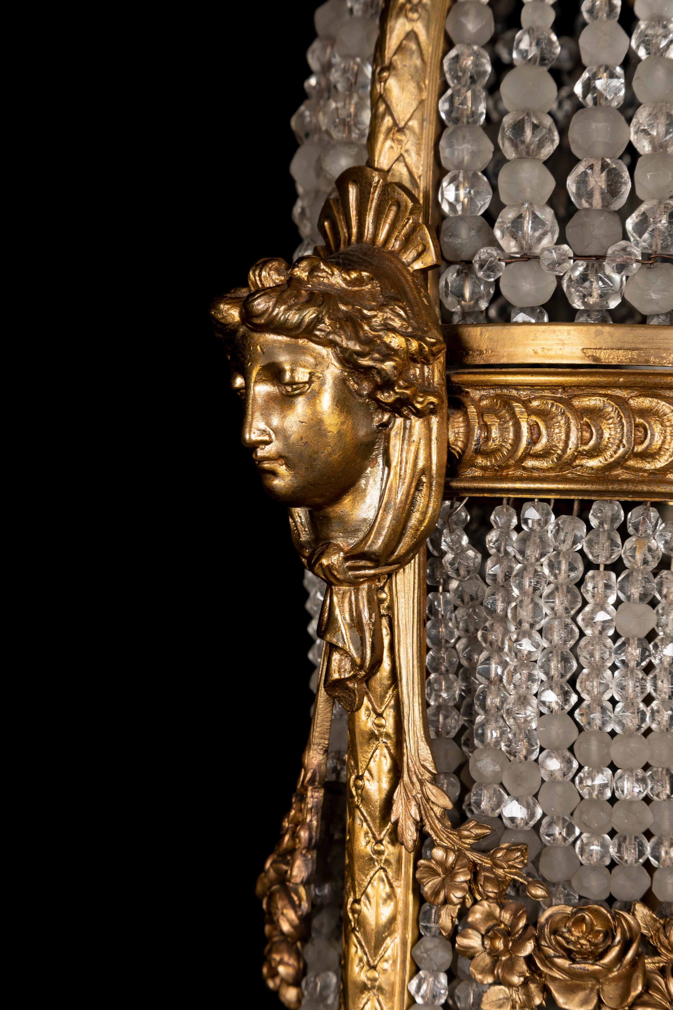 Antique Palatial Gilt Bronze & Cut Crystal Multi Light Figural Chandelier Lamp For Sale 3