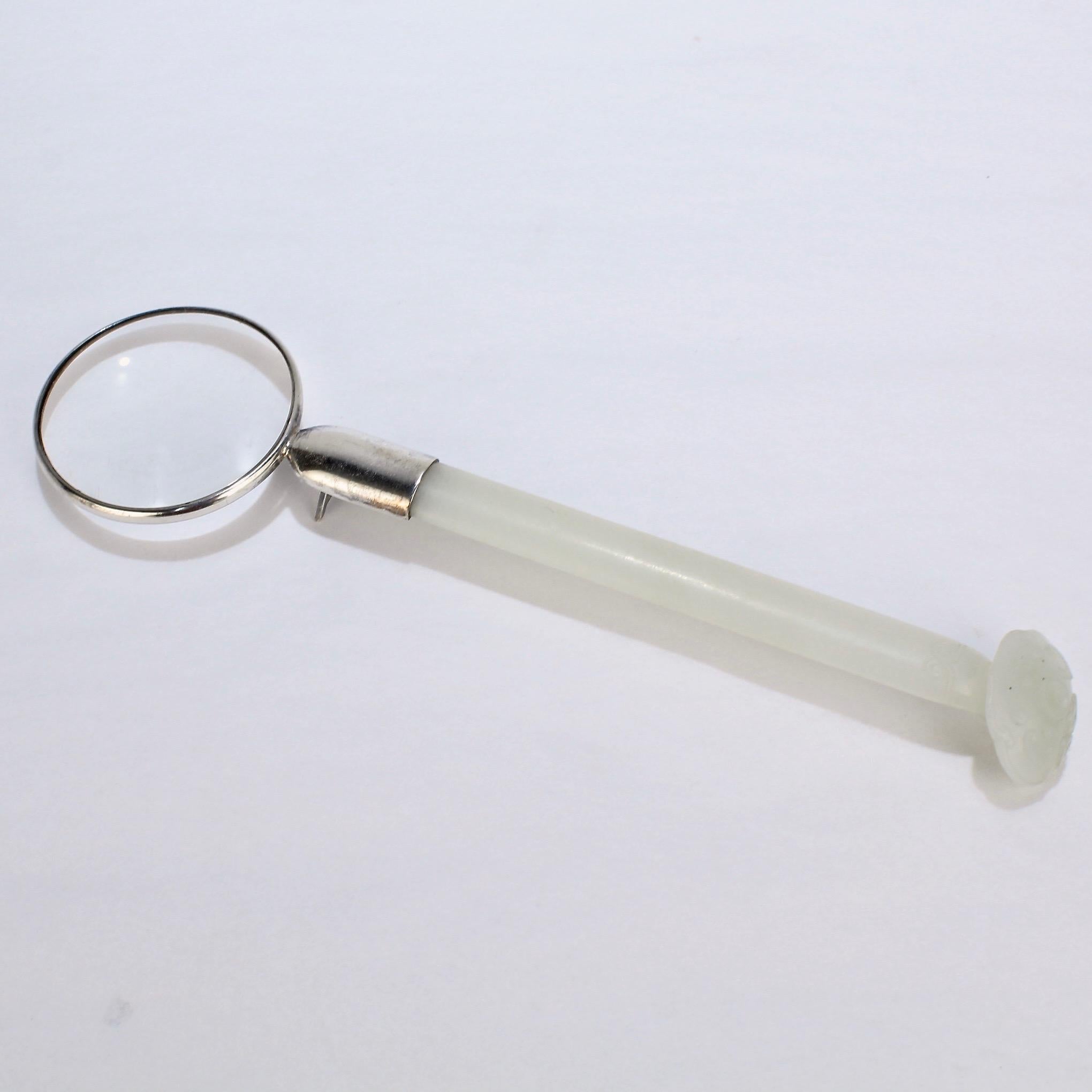Gilded Age Antique Pale Celadon Ruki-Shaped Chinese Jade Hairpin / Magnifying Glass For Sale