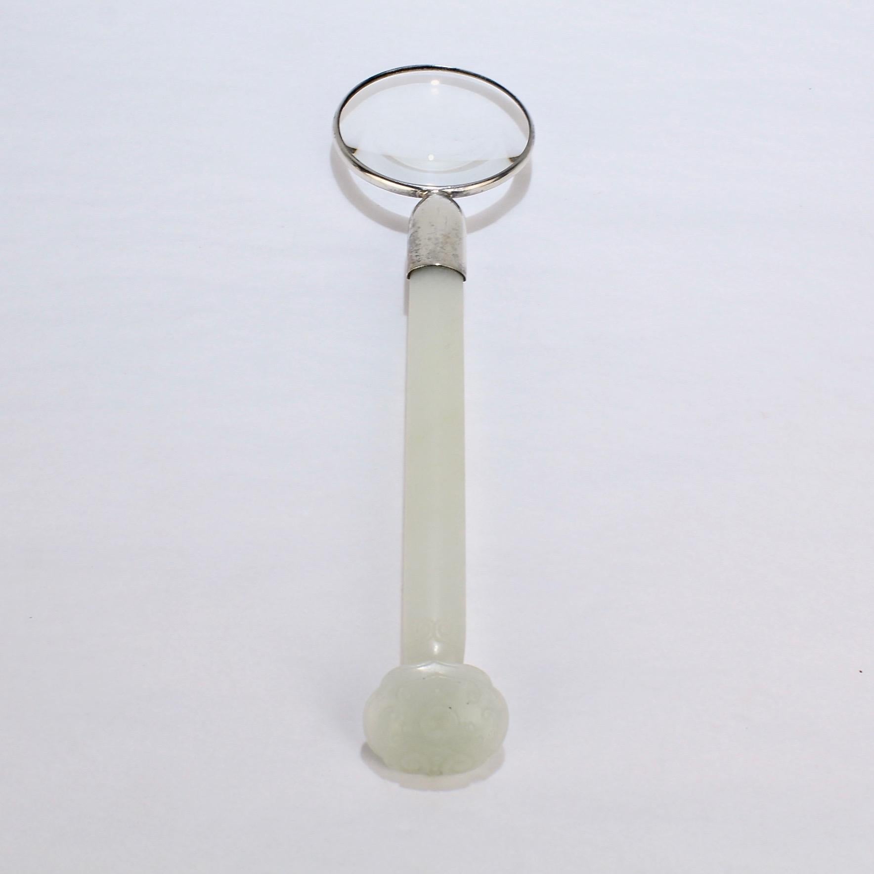 Antique Pale Celadon Ruki-Shaped Chinese Jade Hairpin / Magnifying Glass In Good Condition For Sale In Philadelphia, PA