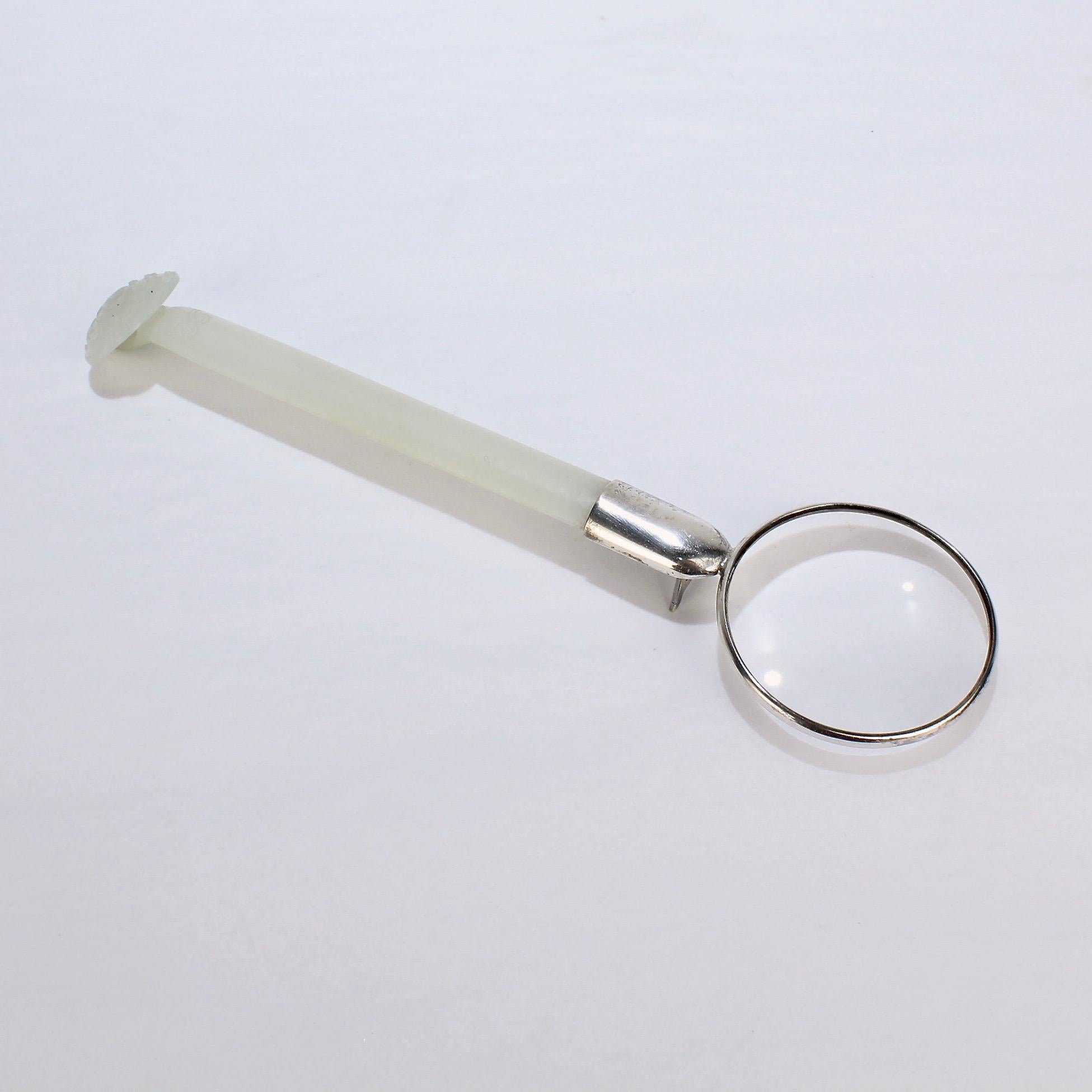Women's or Men's Antique Pale Celadon Ruki-Shaped Chinese Jade Hairpin / Magnifying Glass For Sale