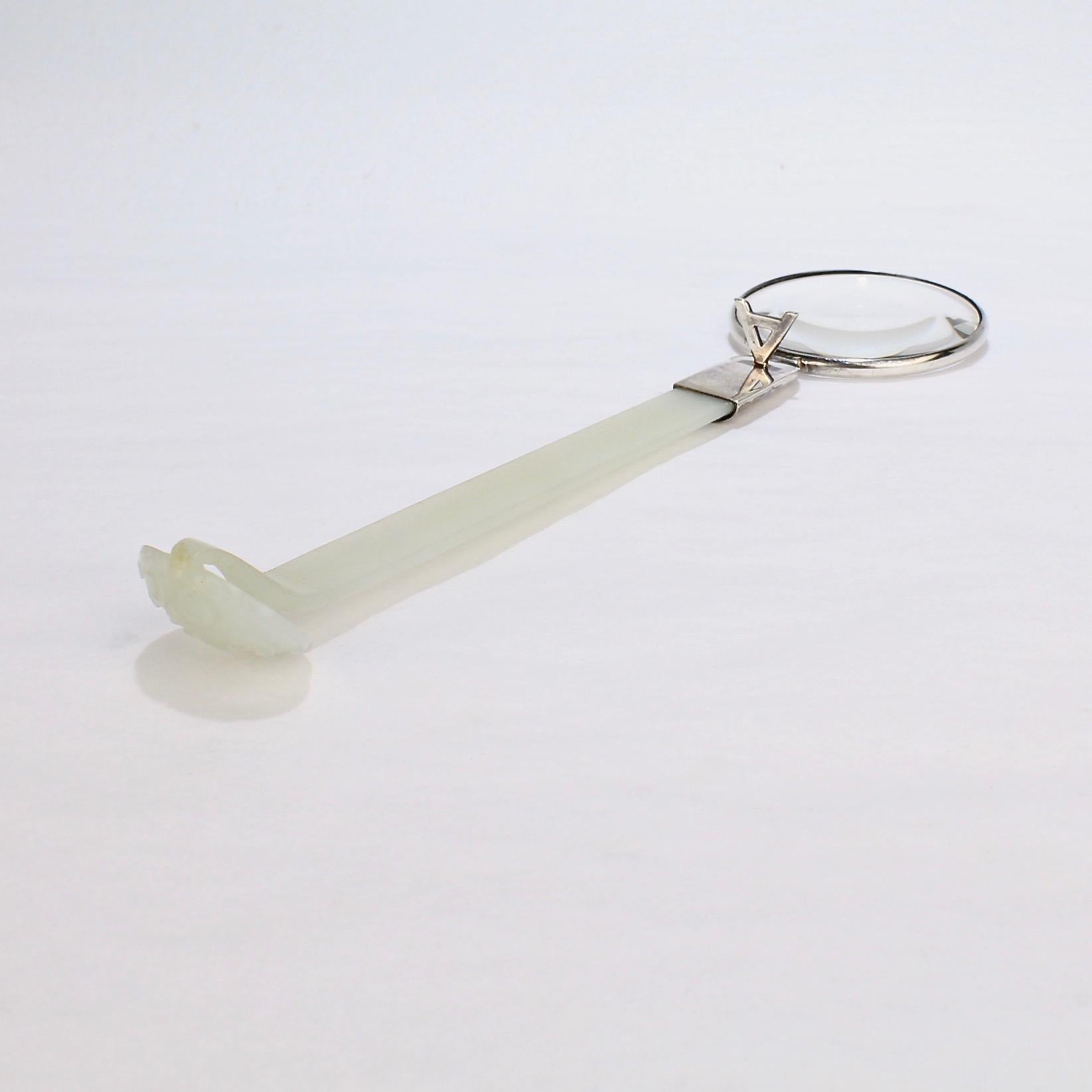 Antique Pale Celadon Ruki-Shaped Chinese Jade Hairpin / Magnifying Glass For Sale 2