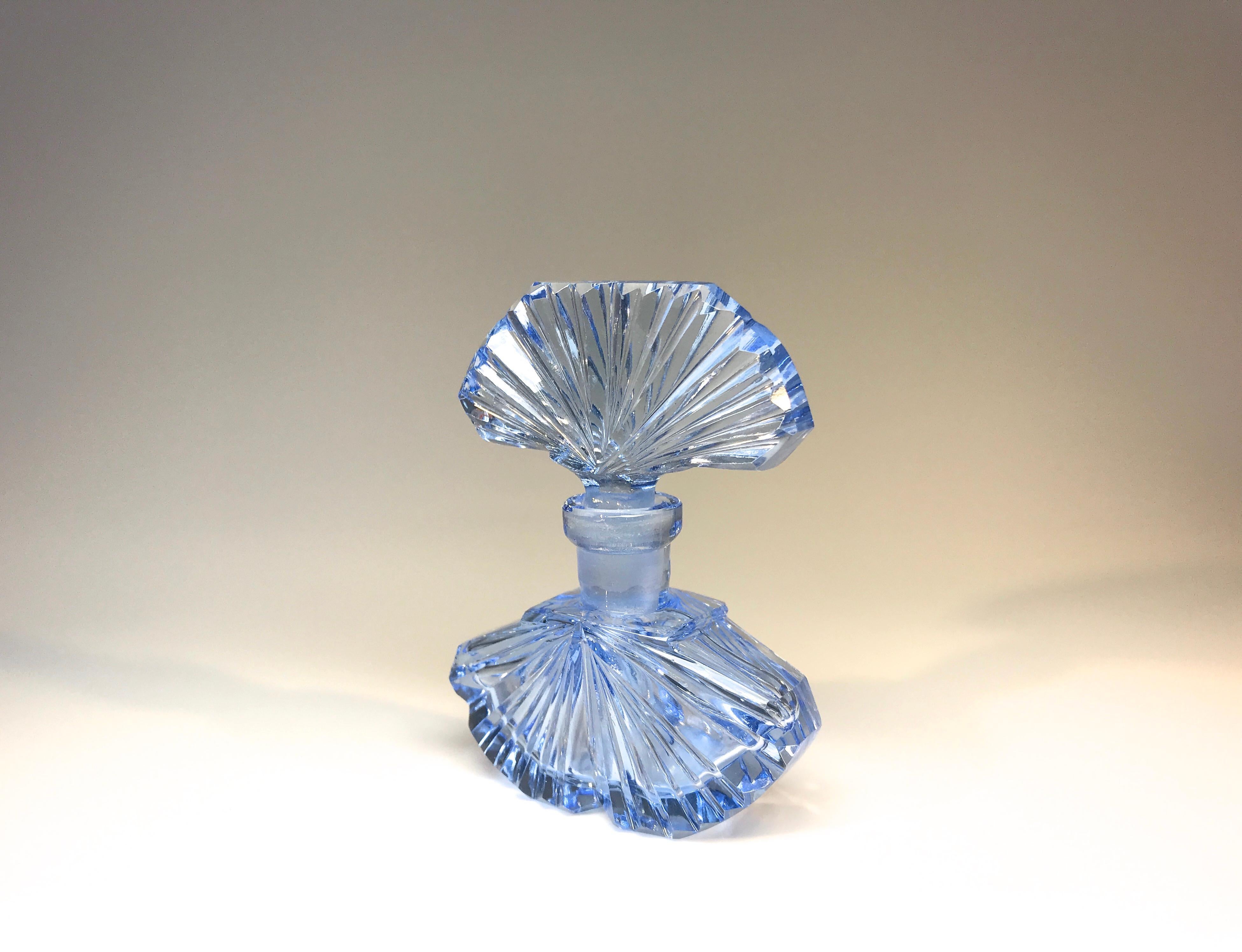 Art Deco Antique Pale Forget Me Not Blue Bohemian Crystal Fan Petite Perfume Bottle 1920s