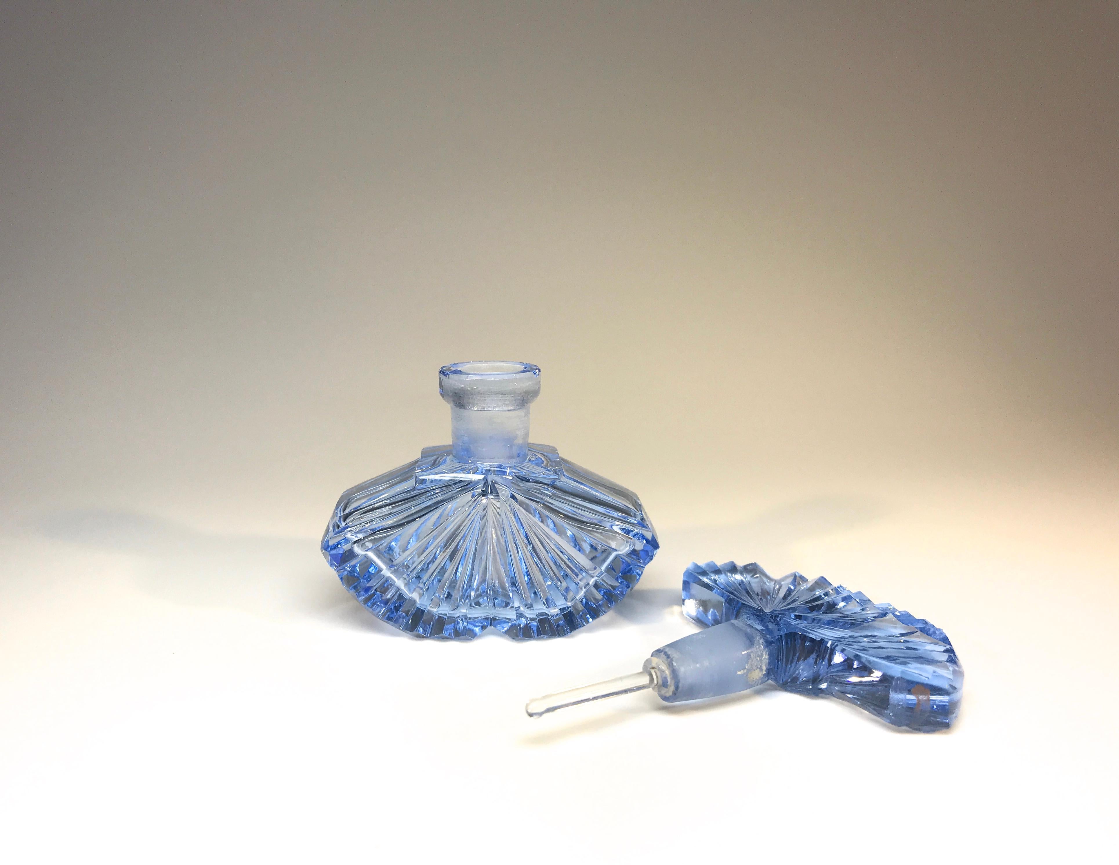 Antique Pale Forget Me Not Blue Bohemian Crystal Fan Petite Perfume Bottle 1920s In Good Condition In Rothley, Leicestershire