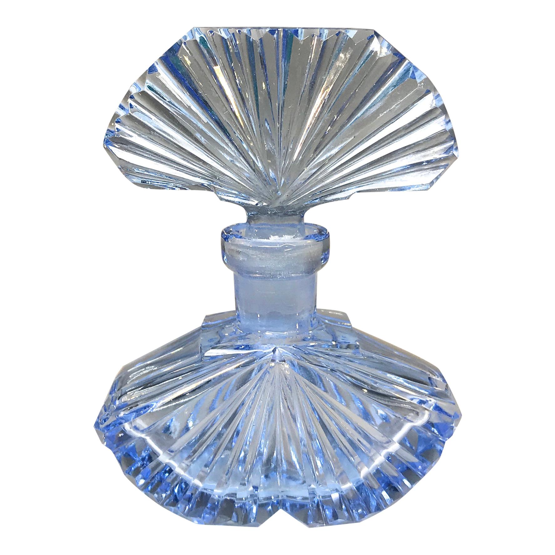 Antique Pale Forget Me Not Blue Bohemian Crystal Fan Petite Perfume Bottle 1920s