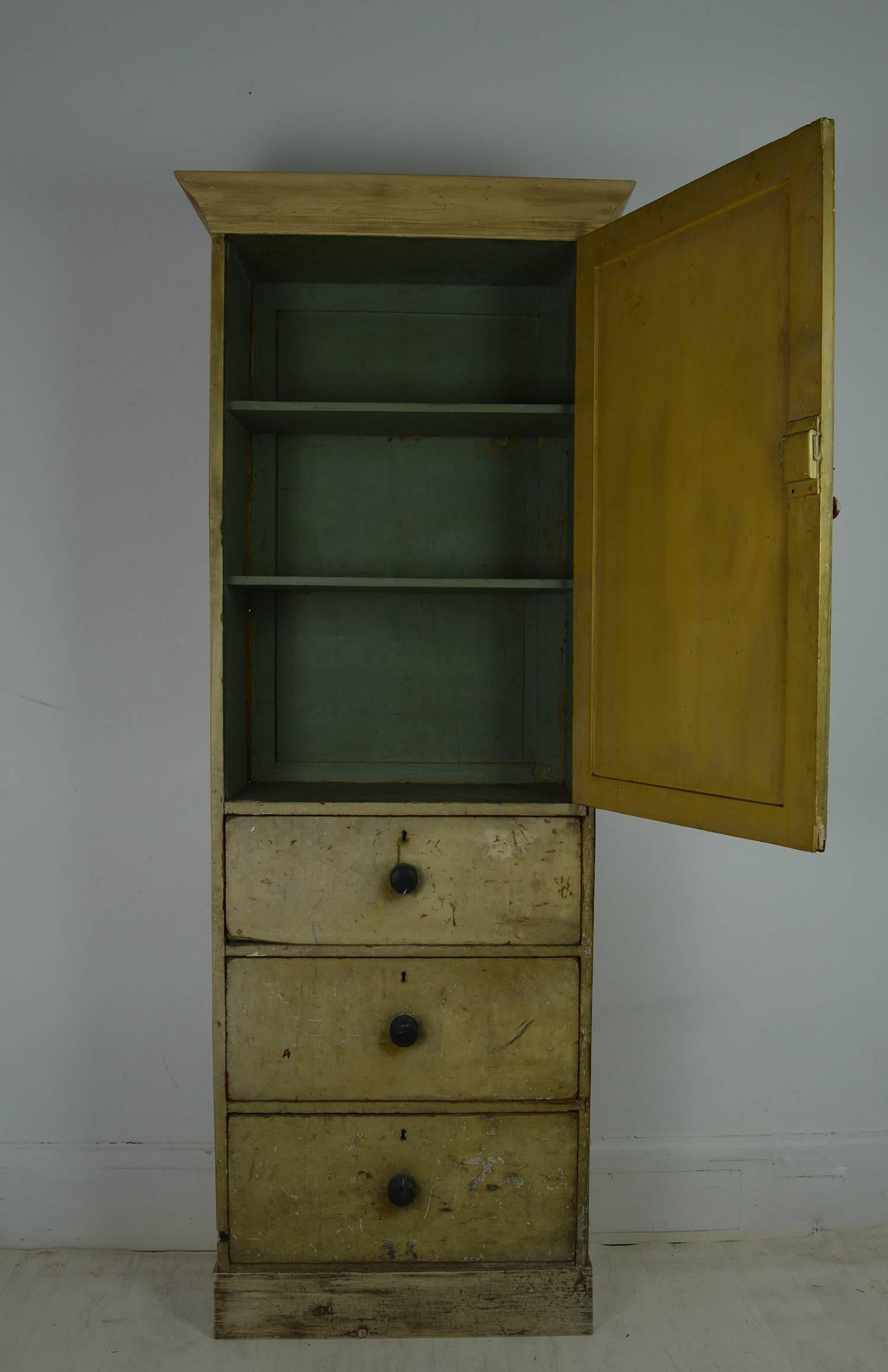 Folk Art Antique Pale Yellow Painted Cupboard, English, 19th Century